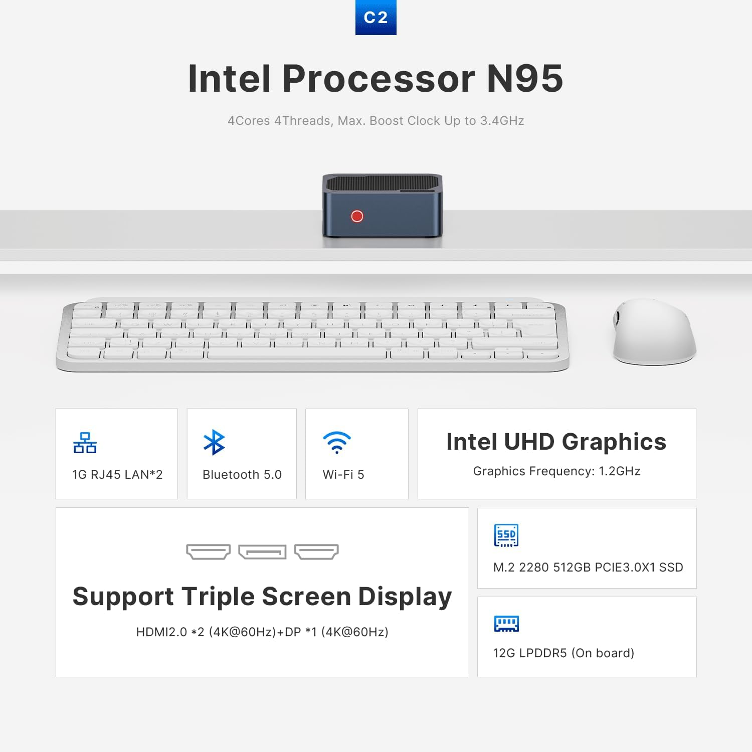 C2NEO ORIGIMAGIC Mini PC Intel N95(Turbo 3.4Ghz) 12GB DDR5 512GB SSD Dual LAN, Mini Computer Support 4K Triple Display, Wifi5, Bluetooth 5.0, Perfect for Business, School, Office image number 2