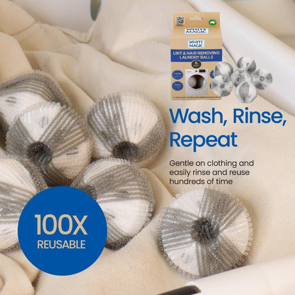 White Magic Lint & Hair Removing Laundry Balls - 6 Pack, Reusable, Washing & Drying Safe, Removes Pet Hair & Lint, Gentle on Clothes, Prevent Hair Clogging, Reduces Drying Time