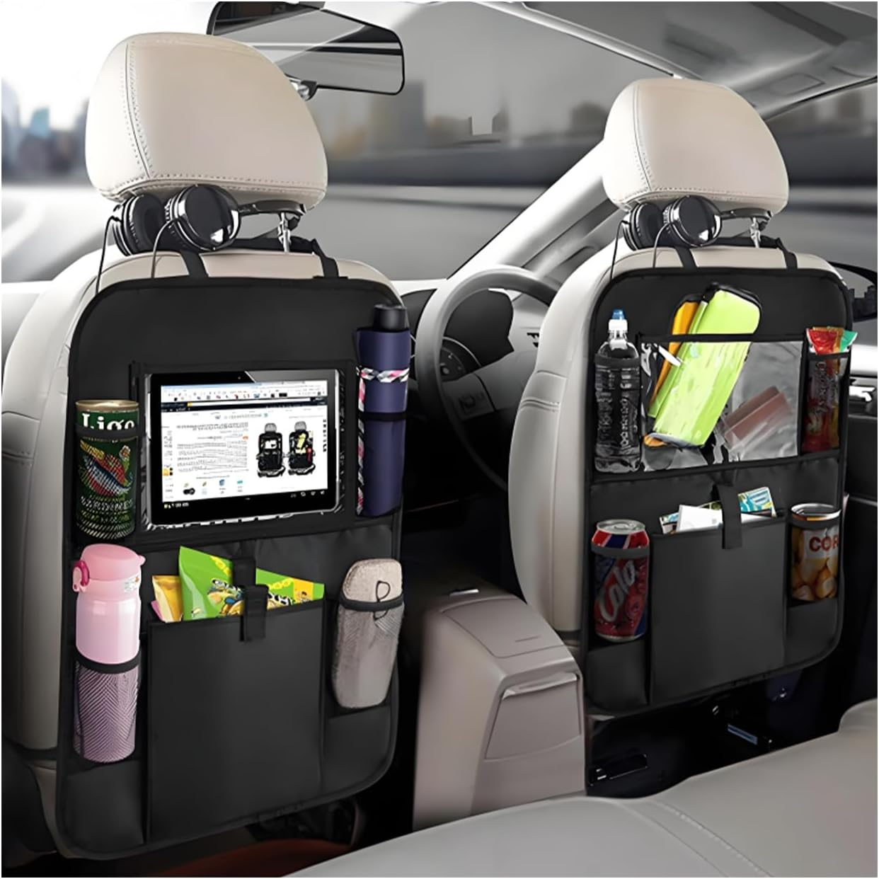 2 PCS Car Backseat Organizer, Heavy Duty Seat Back Storage Bag with Touch Screen Tablet Holder, Waterproof Kick Mats Back Seat Protector for Kids Toddlers, Car Accessories (Large Pocket) image number 1