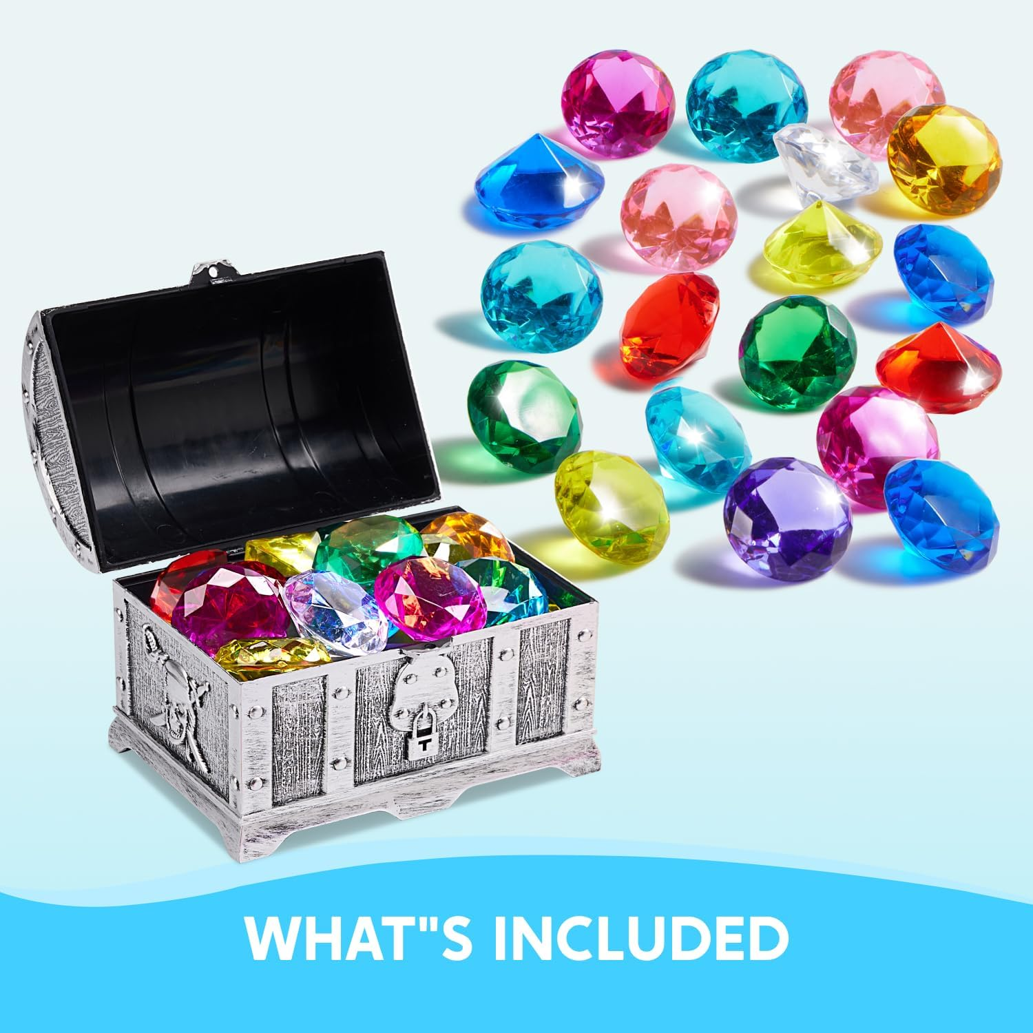 Sloosh Diving Gems Pool Toys,16 Big Colorful Diamond with Pirate Treasure Chest,Swim Dive Toy for Kids Underwater Gemstone Swimming Training Gift Water Toys Pool Games(Silver) image number 6