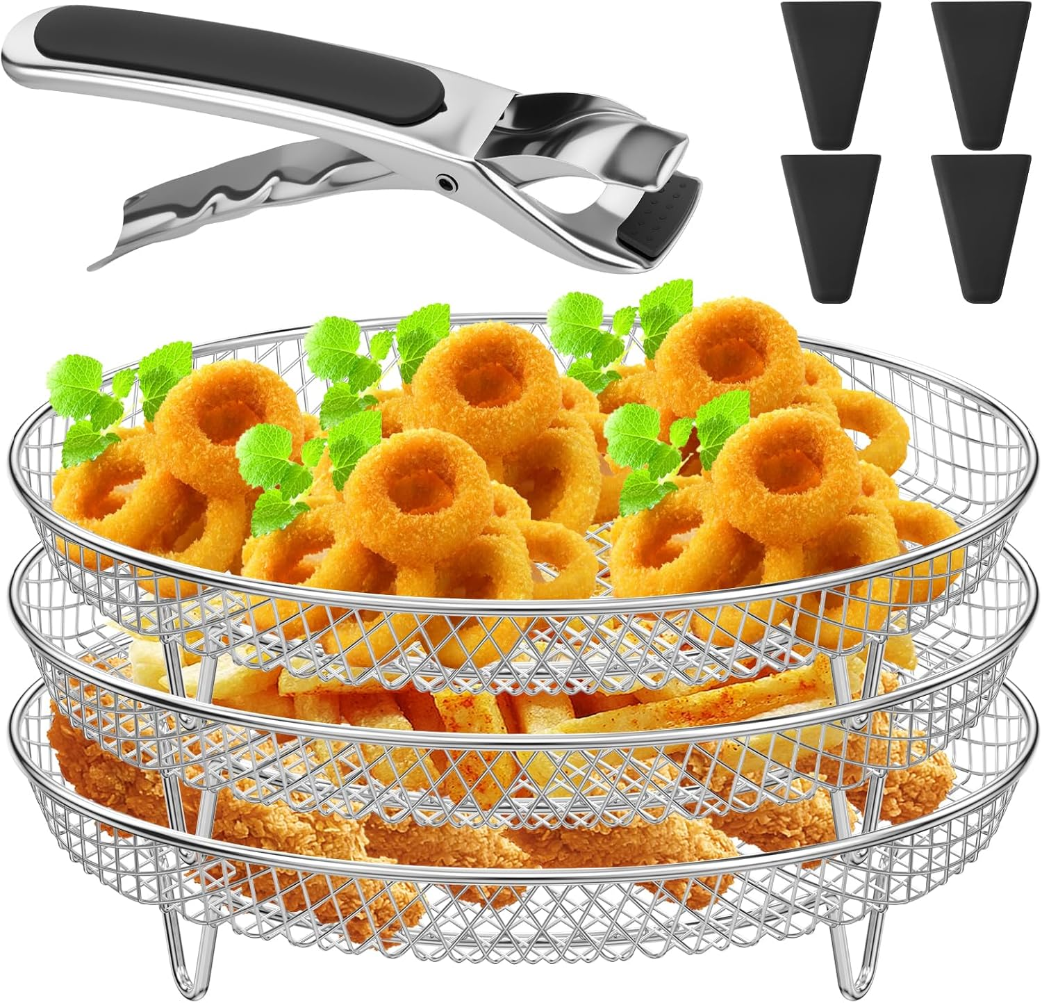3 Layer Air Fryer Accessories Rack round Stainless Steel Air Fryer Dehydrator Rack Stackable Multifunctional Air Fryer Basket with 8 Silicone Feet 1 Anti-Scald Clip for 4.2-5.8 QT Air Fryer Baking image number 5