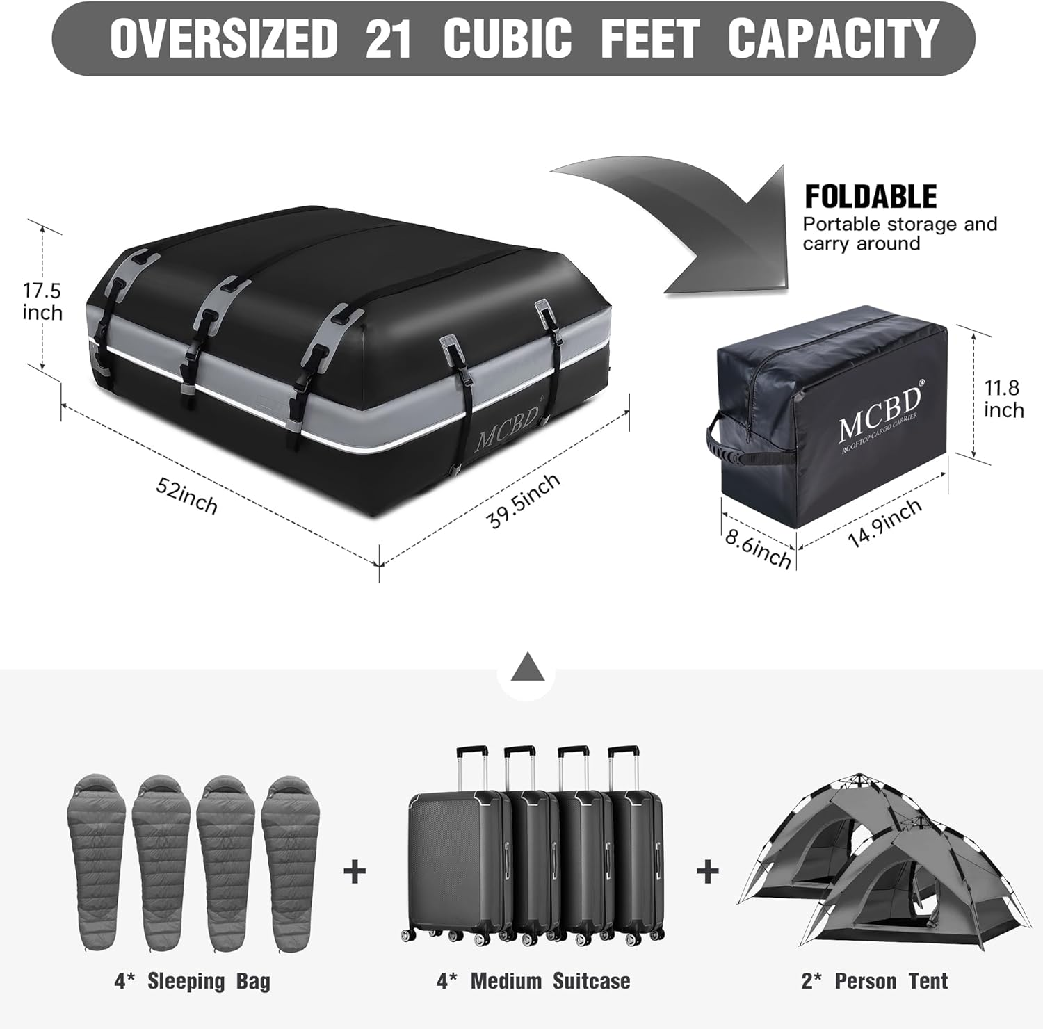 Rooftop Cargo Carrier, 21 Cubic Feet Soft-Shell Waterproof Car Roof Luggage Bag for All Vehicles SUV With/Without Rails, Includes 10 Reinforced Straps + 6 Door Hooks,Storage Bag,Anti-Slip Mat image number 3