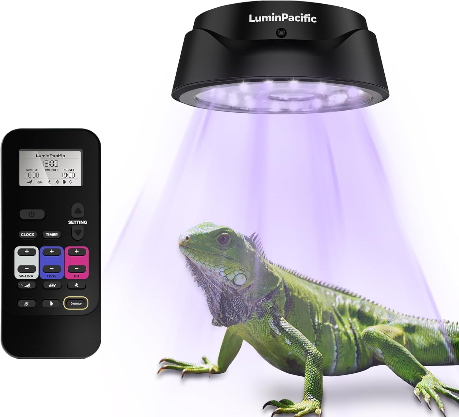 Luminpacific LED Reptiles Light with Remote, UVA UVB FR Lamp for Rainforest & Desert Reptiles, Ferguson Zones 1-4, Timer Switch, 10 Dimmable, for Bearded Dragon, Turtle, Frog, Snake, Plant (2 Pack)