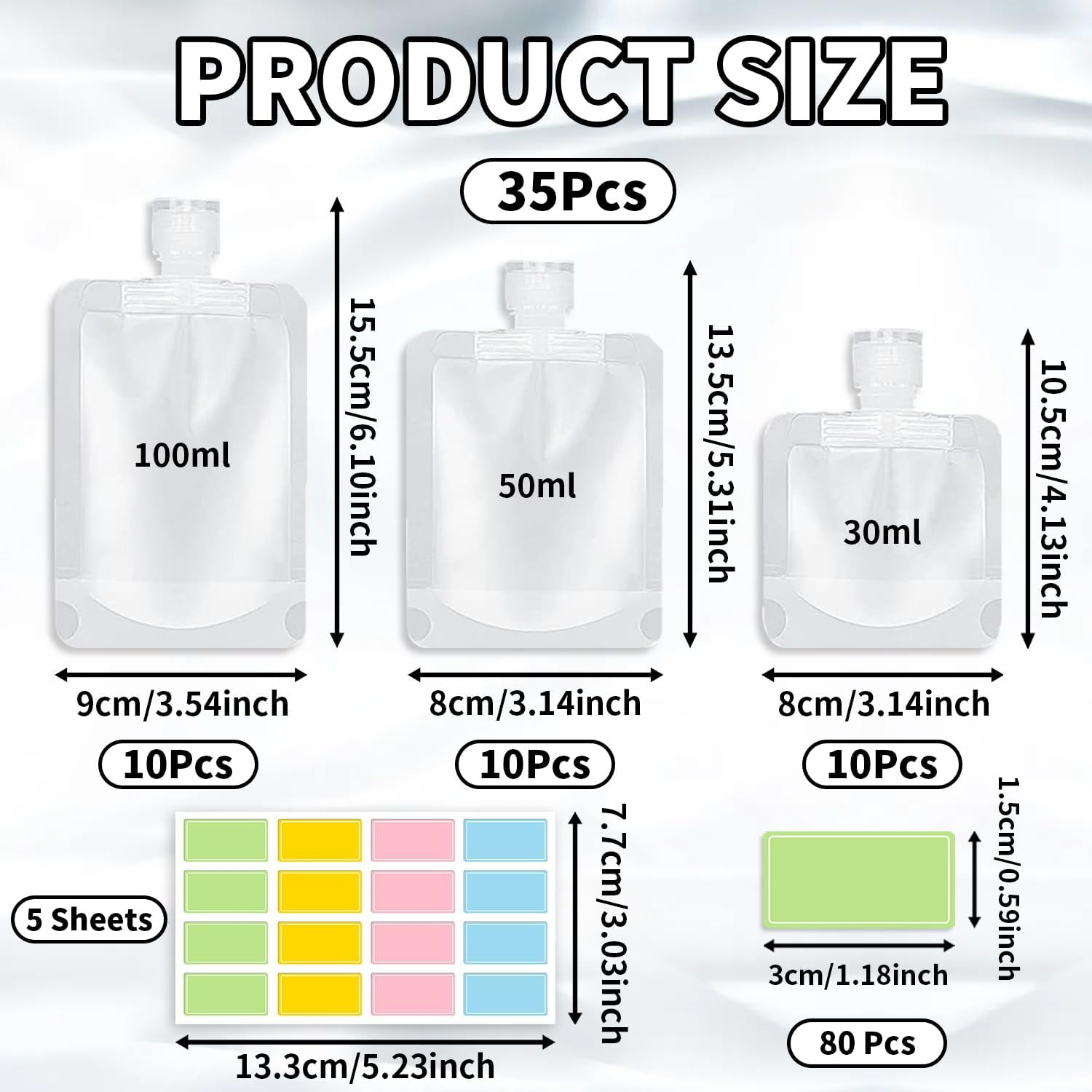 30 PCS Travel Pouches for Toiletries, Funcyboo Travel Size Portable Container with 5 PCS Sticker Leak Proof Travel Pouch Refillable Squeeze Pouch for Shampoo Conditioner Cream Lotion (30/50/100Ml) image number 2