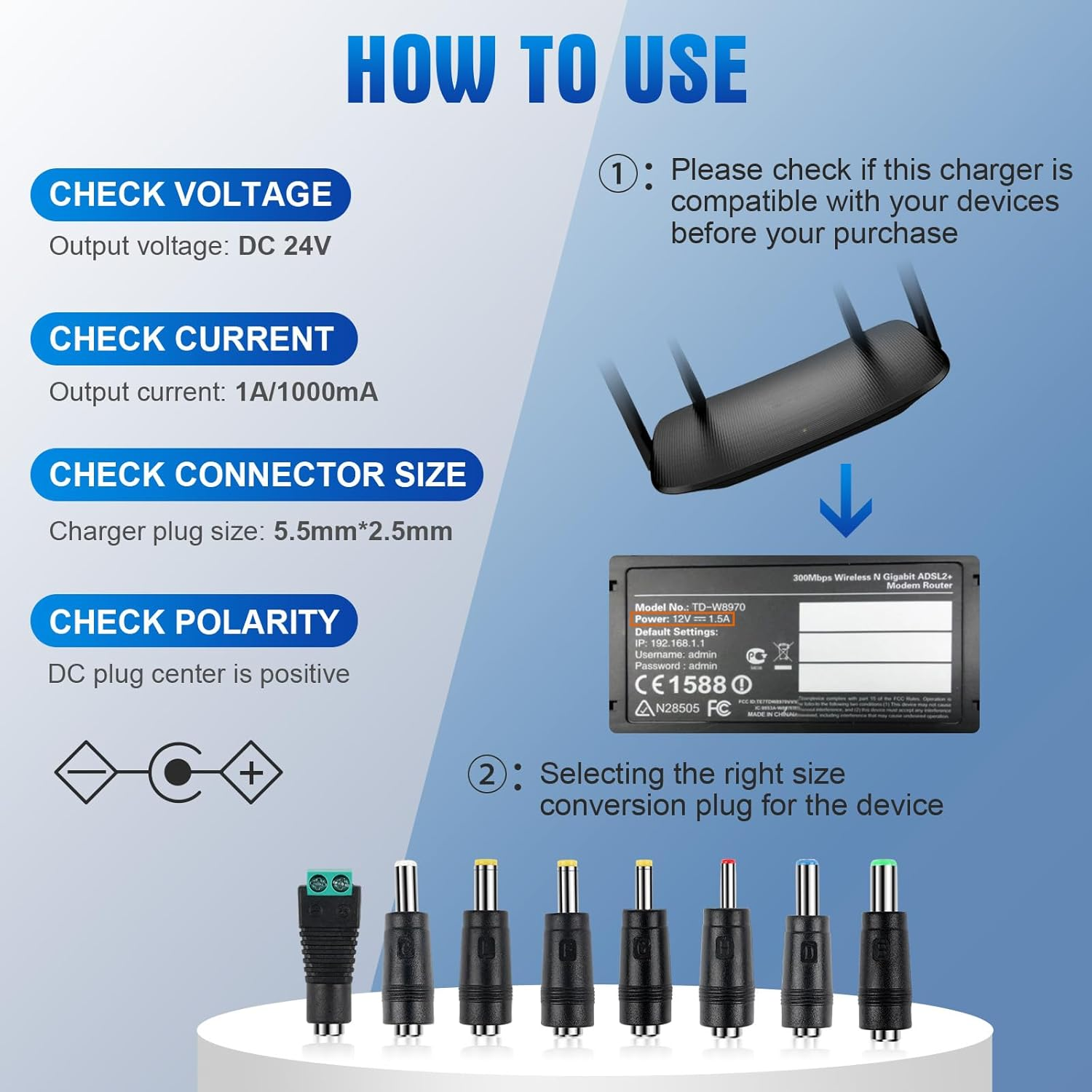 YOSHINE Power Supply Adapter &ndash; Universal 24V 1A AC to DC Adapter with 8 Adapter Plugs, SAA Listed Power Supply Converter Adapter for Diffuser Humidifier, LED Strip, Monitor, Router and More (1.5M) image number 6