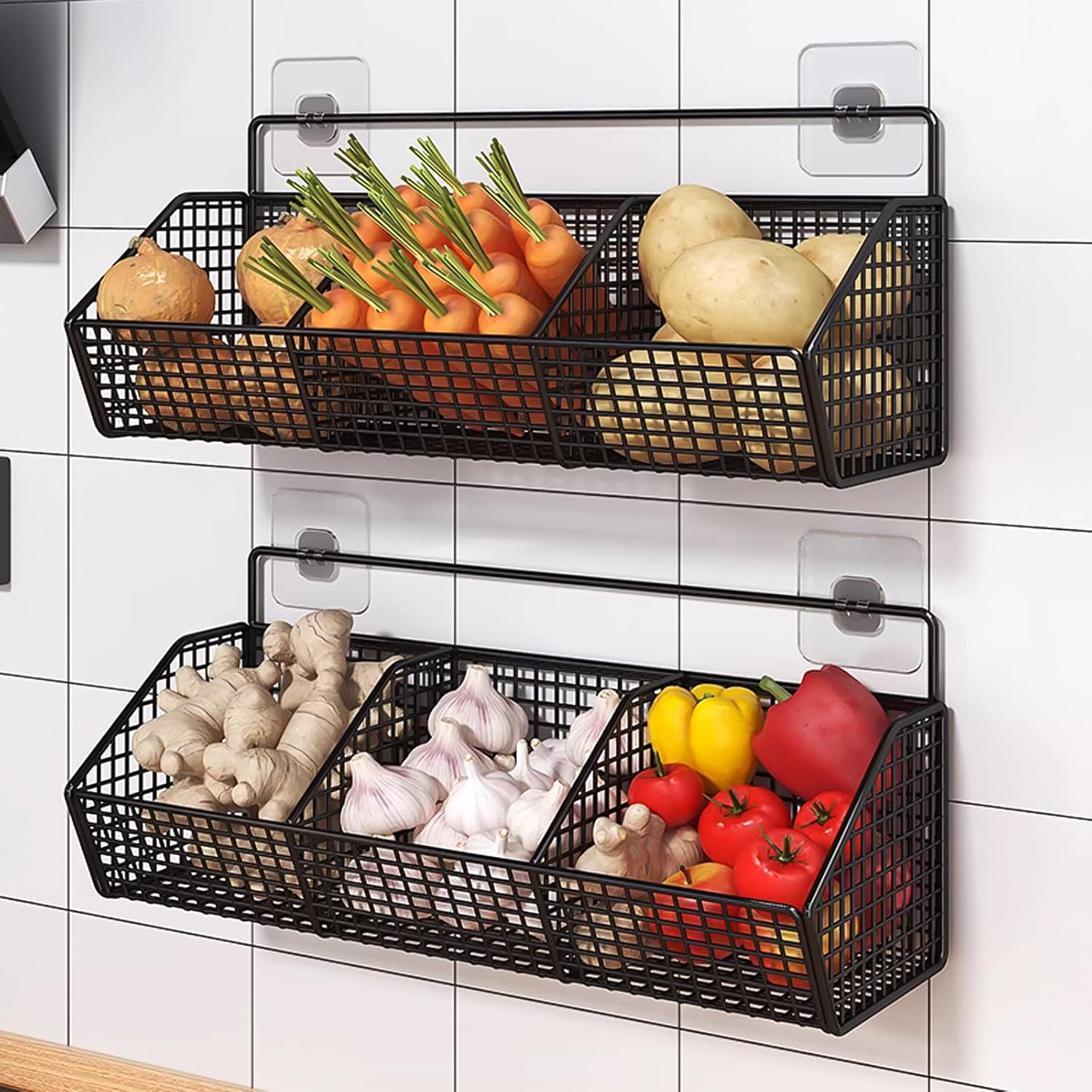 Metal Hanging Fruit Basket for Kitchen Wall,3 Grids Metal Wire Fruit Vegetable Baskets,Bathroom Wall Storage Basket,Rust-Resistant Sturdy Fruit Vegetable Baskets（Black） image number 5