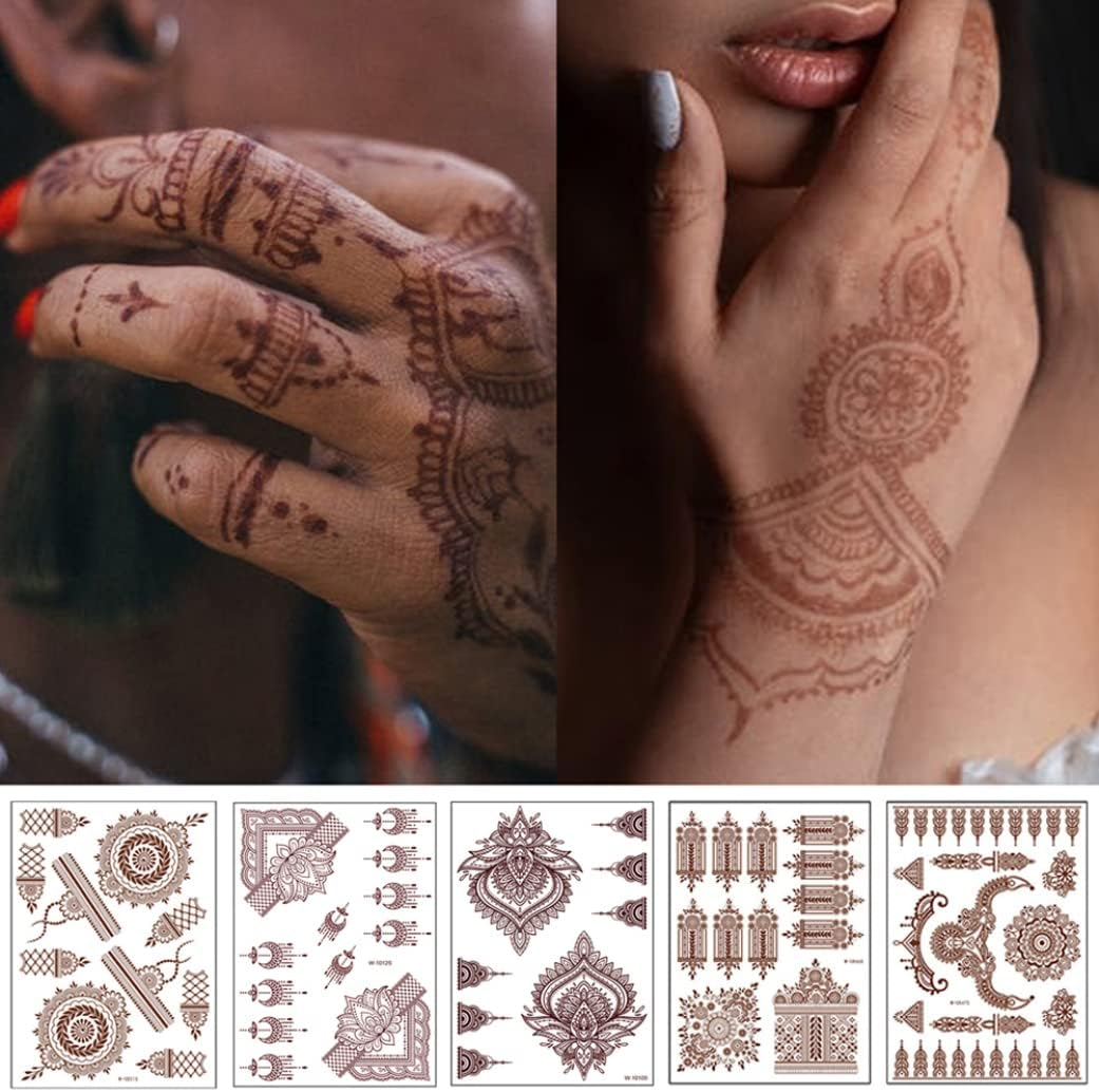 Temporary Tattoos, Henna Tattoos Brown Red Tattoos Sticker Lace Temporary Tattoos Waterproof Body Stickers for Women Girls Body Art 6Sheets image number 6