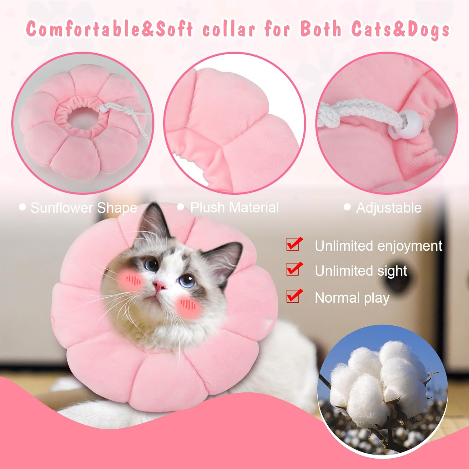 HYLYUN Cat Cone Collar Soft - Cute Pink Flower Cat Recovery Collar, Adjustable Cat E Collar, Surgery Recovery Elizabethan Collars for Kitten and Cats image number 4