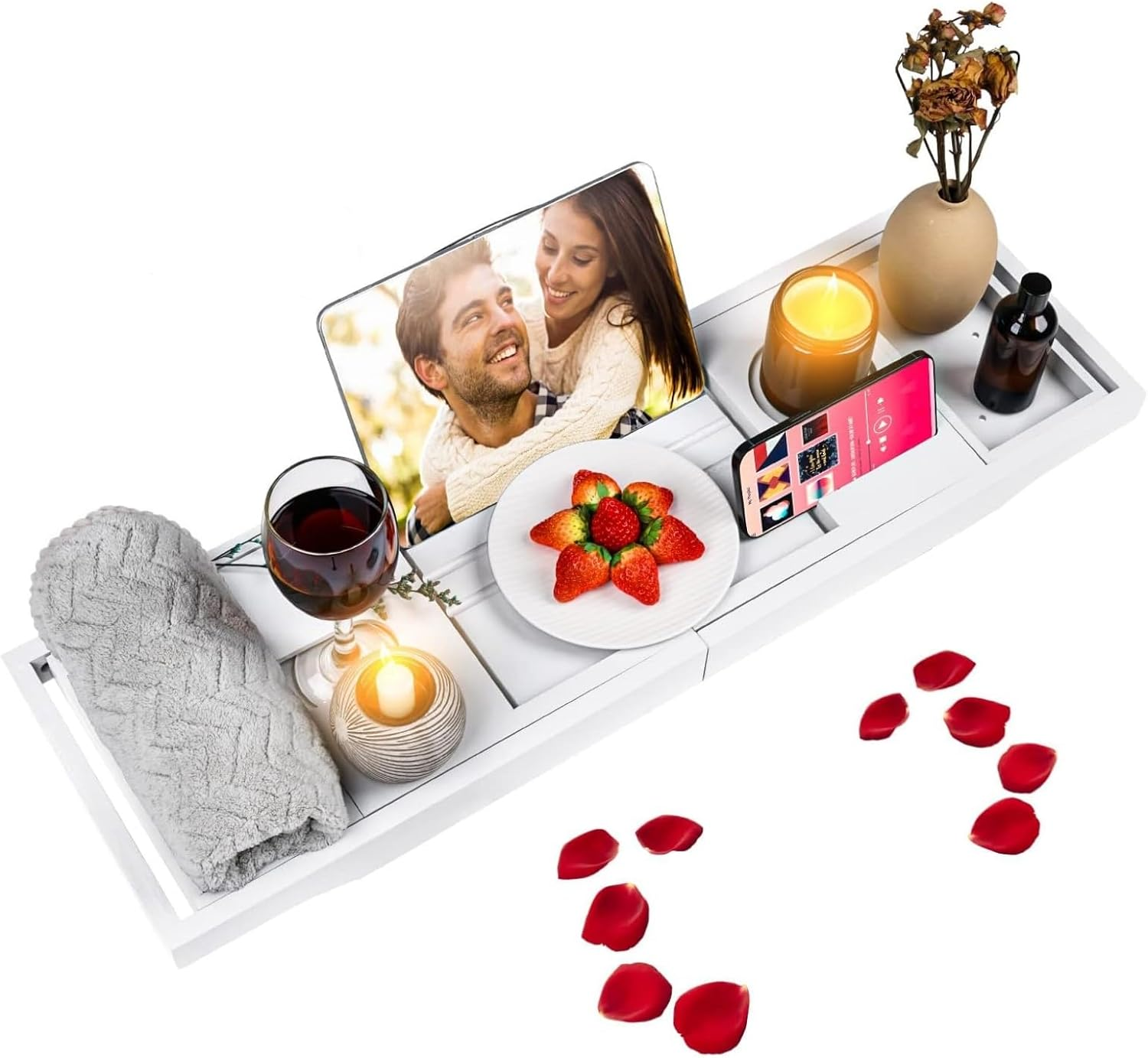 Bathtub Caddy Tray for Tub, Premium Expandable Bamboo Bath Tub Tray Table with Wine Glass Holder Book Phone Tablet Holder, House Warming Gifts, Anniversary and Wedding Gifts (Grey)