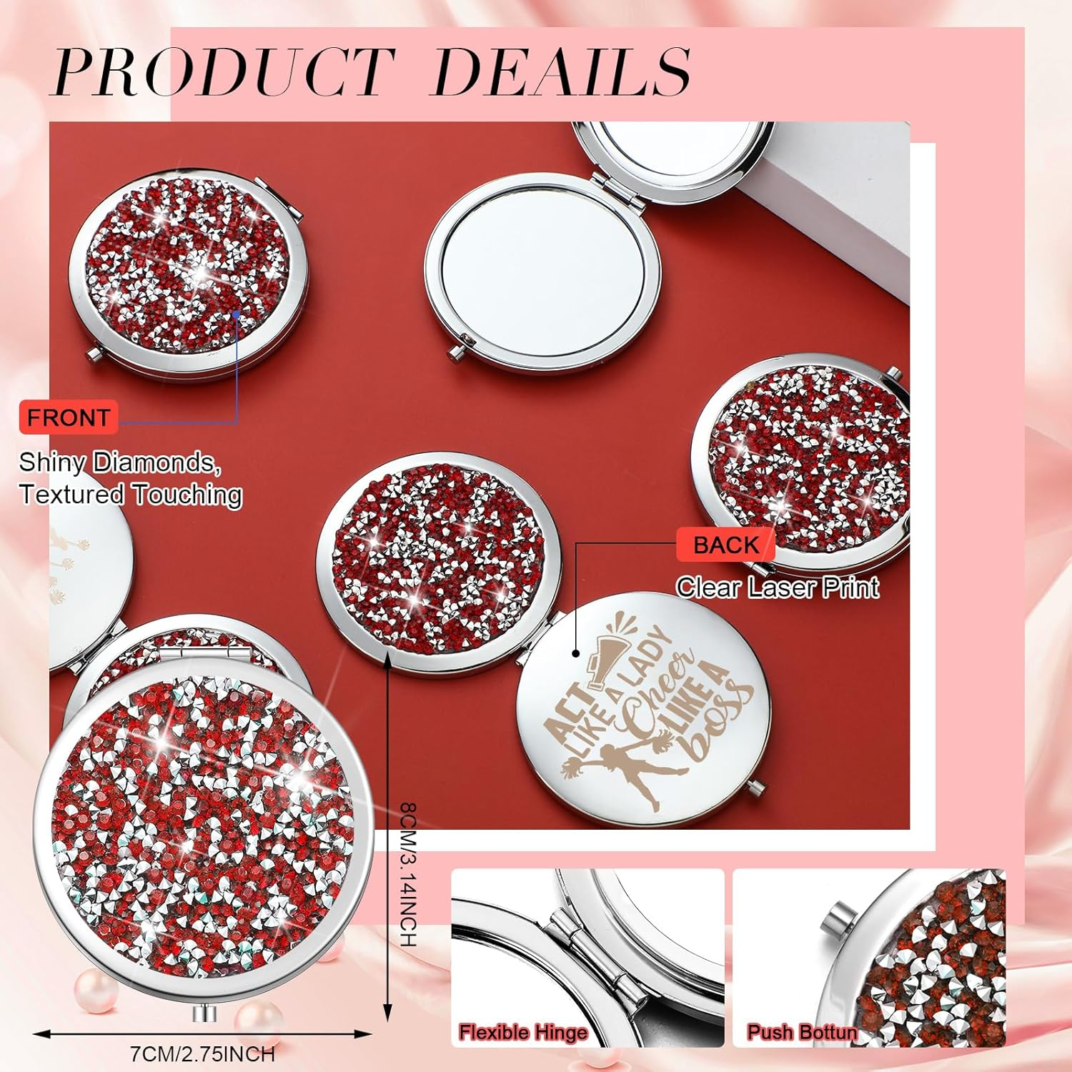 Sintuff 12 Pcs Cheer Gifts for Cheerleaders Cheerleading Compact Mirror Bulk Cheer for Coach Cheerleader Gifts Folding Pocket Cosmetic Purse Mirror for Cheer Team Mirror Accessories (Red, Silver) - Red, Silver image number 5