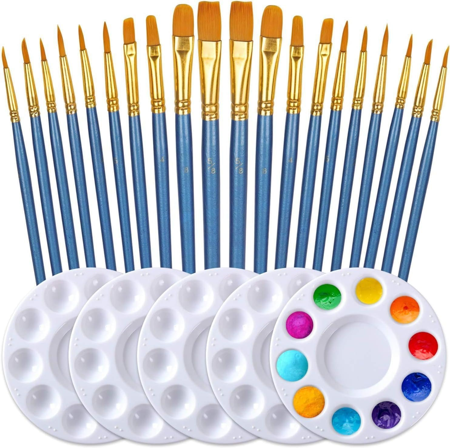 Paint Brushes Set, Flat round Pointed Tip Paint Brushes for Fine Detailing Art Painting Acrylic Watercolor Oil Gouache Tempera and Body Painting (Blue 20Pcs+Trays 5Pcs) image number 2