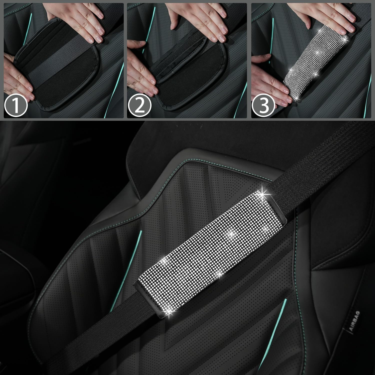 NBTEPEM 8 Pcs Bling Car Accessories Set for Women, Steering Wheel Cover, Sparkly Seat Belt Covers, Bling Gear Shift Cover, Universal Fit Most Cars (Silver Diamond) - 12Pcs Blue image number 2