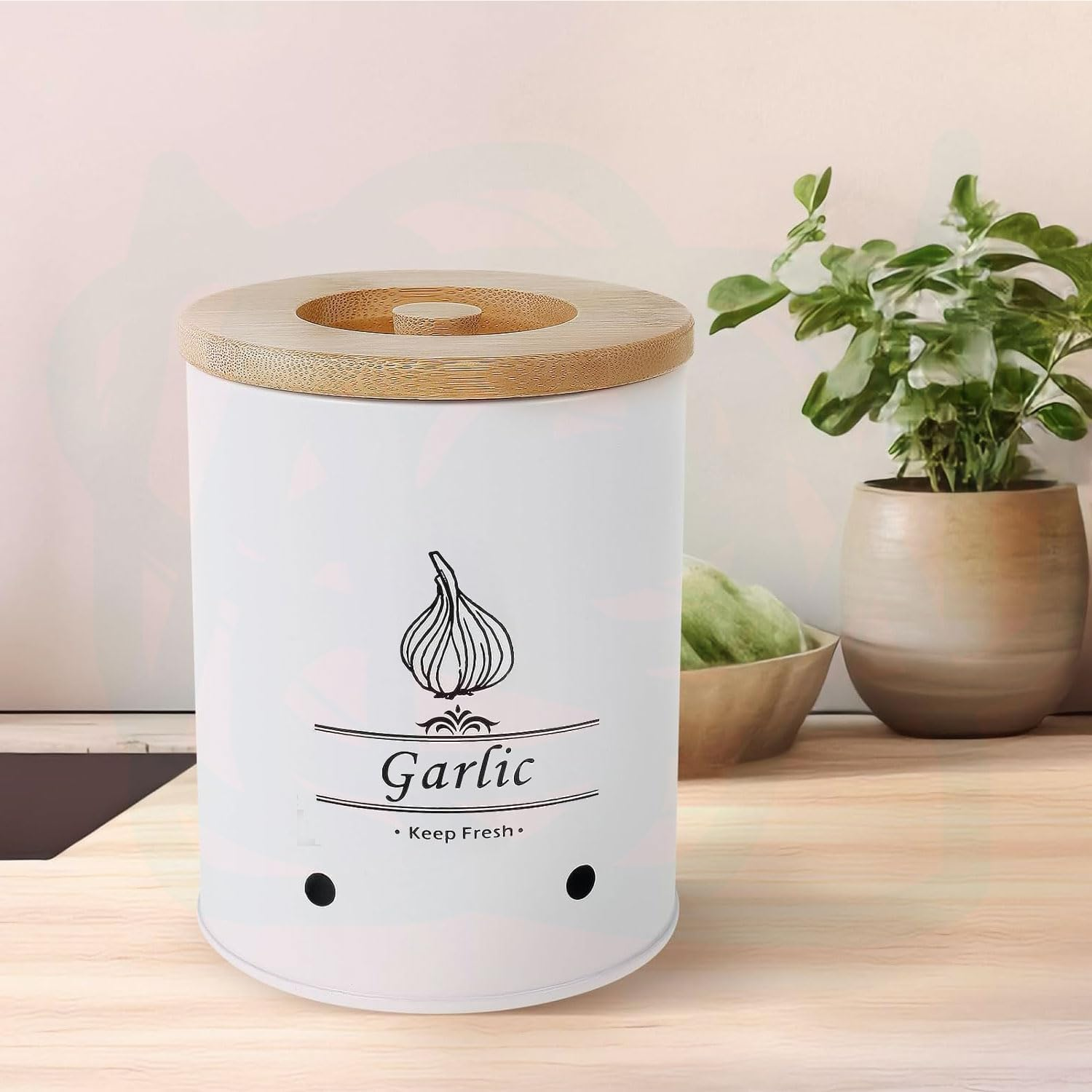Large Ceramic Garlic Keeper, with Wood Lid Ventilated Garlic Storage Container Garlic Storage Container for Counter Garlic Storage Box Large Capacity Garlic Saver for Kitchens (White) image number 6