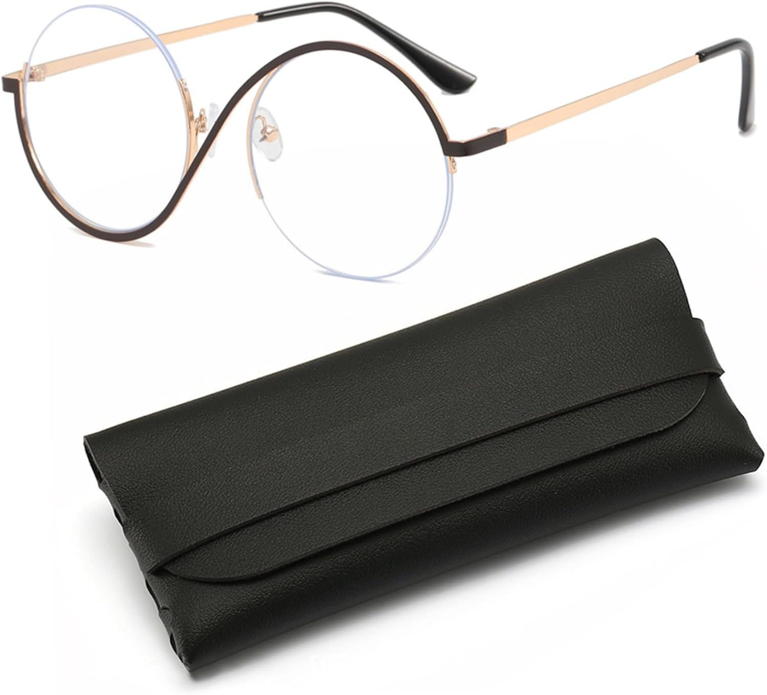 Round Frame Glasses Metal Frame Glasses with PC Lens Non  Glasses Minimalist Trendy Fashion Glasses with Storage Case for Daily Wear, Travel, Photos