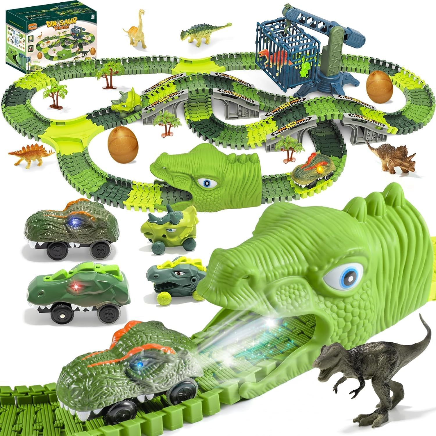 Dinosaur Toys, 279PCS Dinosaur Race Track Train Toy with 4 Dino Cars, 6 Dino Toys, 279 Track Set,C Reate a Dino World Road Race, Toys for Boys Kids Toddlers 3 4 5 6 7 8 10+ Year Old & Up image number 5