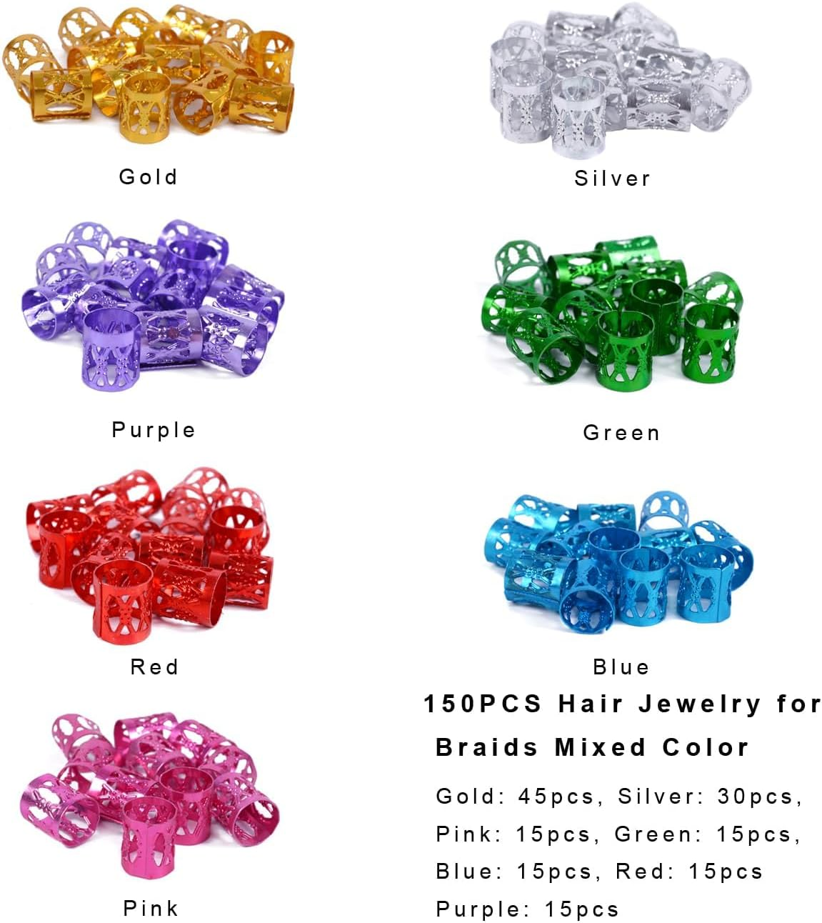 150 Pieces Dreadlocks Beads Aluminum Hair Rings for Braids Hair Clips Braiding Ring Metal Cuffs Hair Jewelry for Braids Accessories image number 5