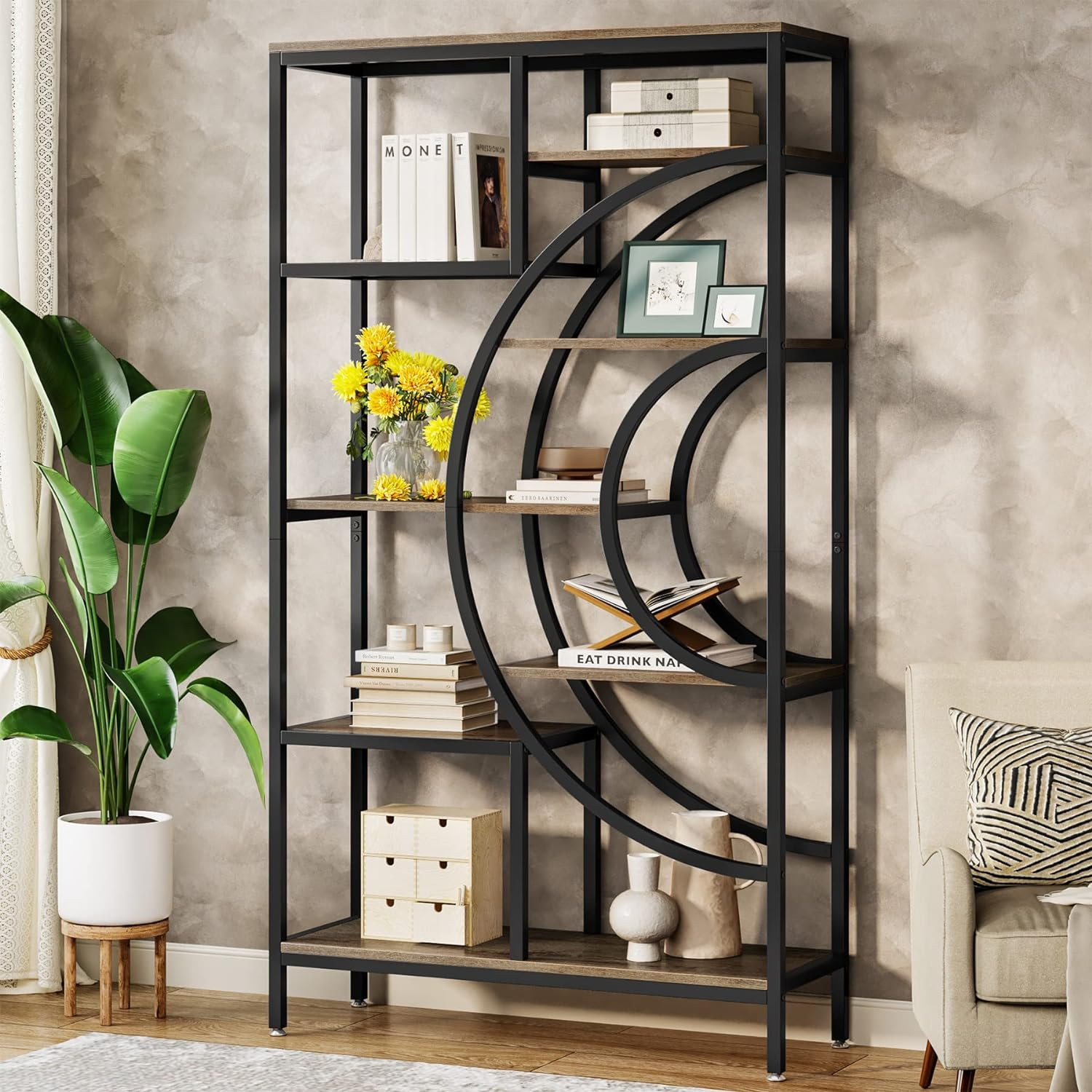 Tribesigns Geometric Bookshelf, Industrial 8-Tiers Bookshelves, Rustic Etagere Bookcase with Metal Frame, Tall Freestanding Open Storage Shelving Units for Home Office, Living Room(100 Cm Wide) image number 6