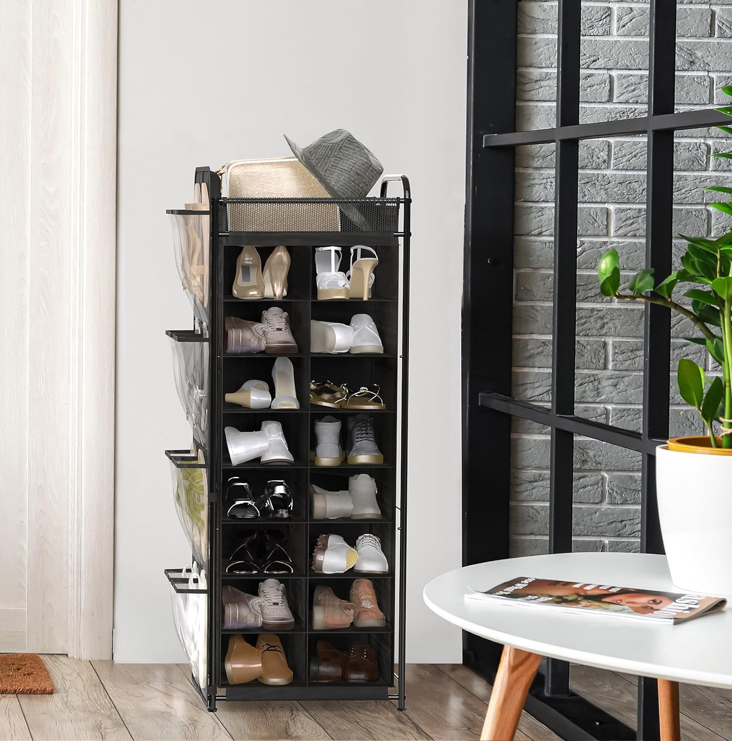 Simple Houseware 8 Tier Shoe Rack, 16 Cube with Top Shelf and Side Hanging Bag, Black image number 2