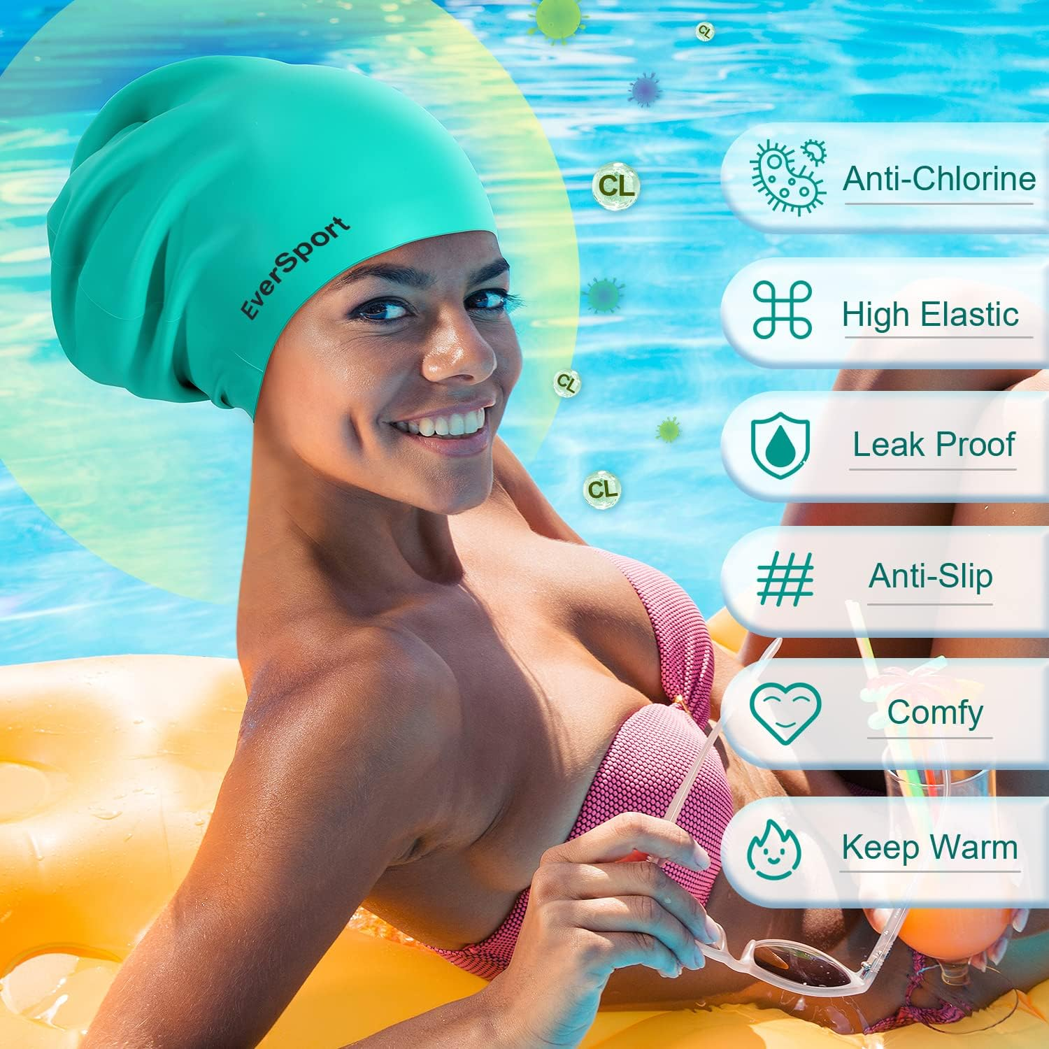 Eversport Large Swim Cap for Braids and Dreadlocks, Waterproof Silicone Swimming Cap for Women Men Keep Hair Dry