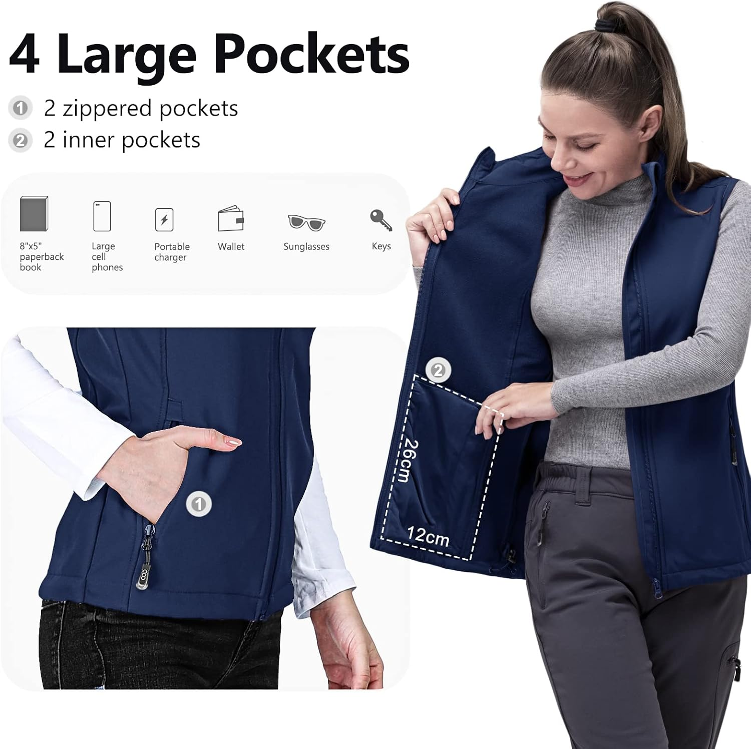 33,000Ft Women'S Running Vest Fleece Lined Zip up Windproof Lightweight Softshell Vests Outerwear for Golf Hiking Sports image number 6