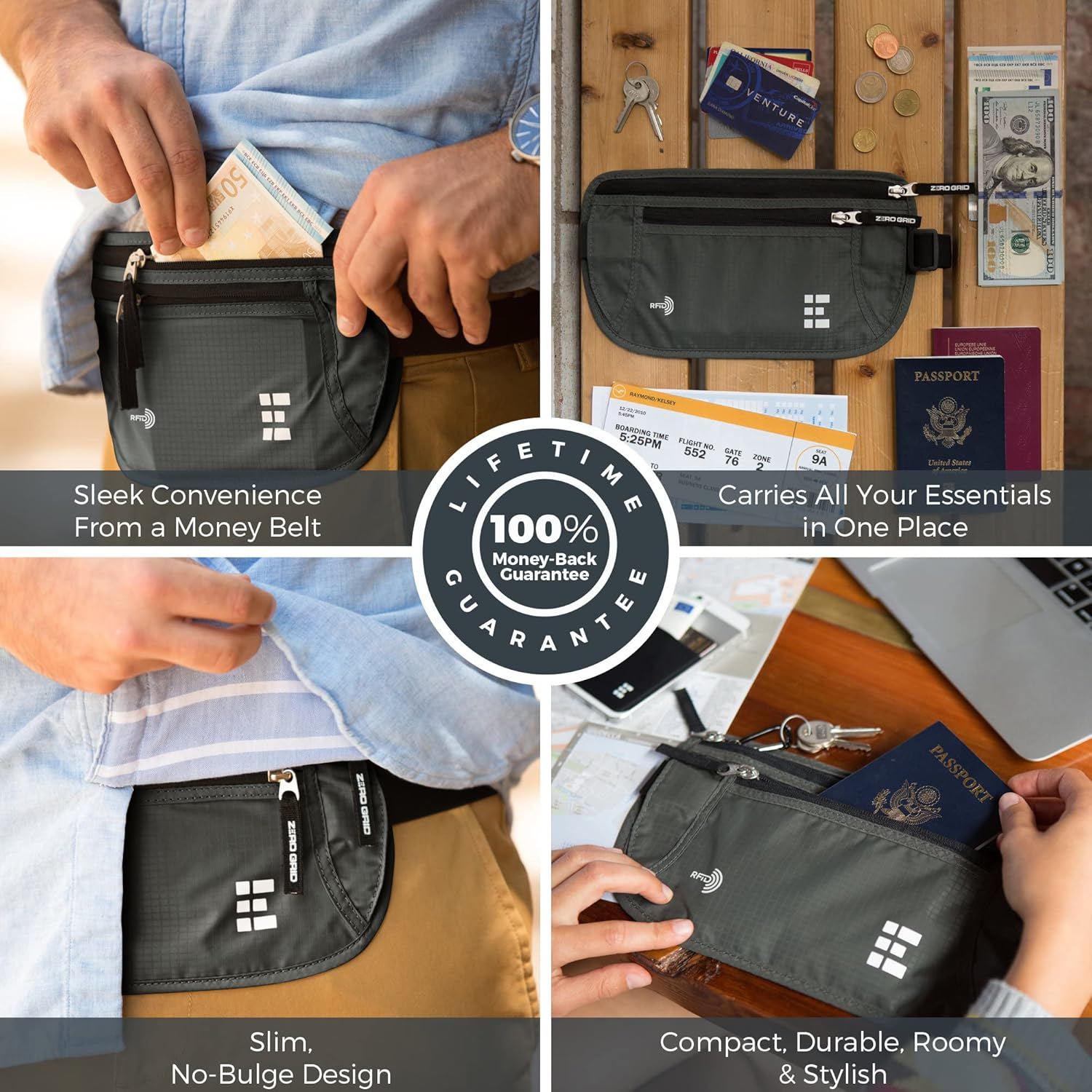 Money Belt for Secure Travel - Concealed Travel Pouch W/Rfid Blocking - Secure Important Documents and Money - Durable, Water-Resistant Rip-Stop Nylon W/Rfid Sleeves Set - Midnight image number 7
