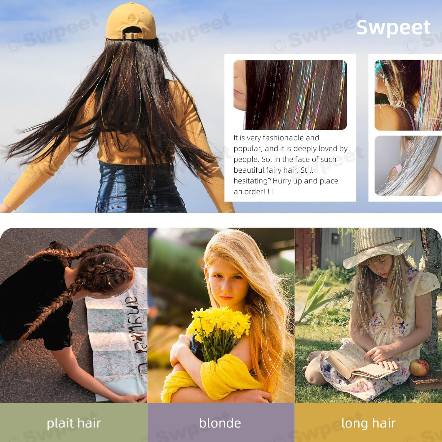 Swpeet 214Pcs 47" Hair Tinsel Kit Including 12 Mixed Colors 2400 Strands Hair Tinsel 200Pcs Silicone Lined Micro Ring Crochet Hook 5" Tweezer for Girl Kids Christmas New Year Halloween Cosplay Party image number 5