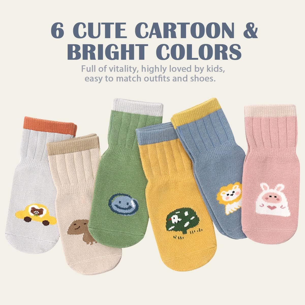 6 Pairs Baby Non Slip Toddler Socks, Soft Cotton Crew Socks for 0-1/1-3/3-5/ Years Old Boys Girls Kids Children Breathable Infant Ankle Socks with Grips for Baby Boy Girl Unisex image number 3