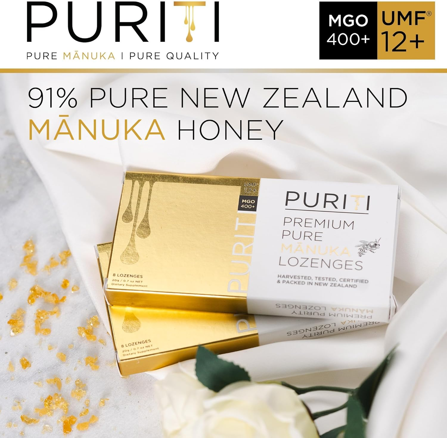 PURITI Manuka Honey Lozenges - Premium Throat Soothers for Coughs & Sore Throats - Genuine New Zealand Raw Manuka Honey Flavor - Certified UMF12+ MGO 400+ (16 Pack) image number 1