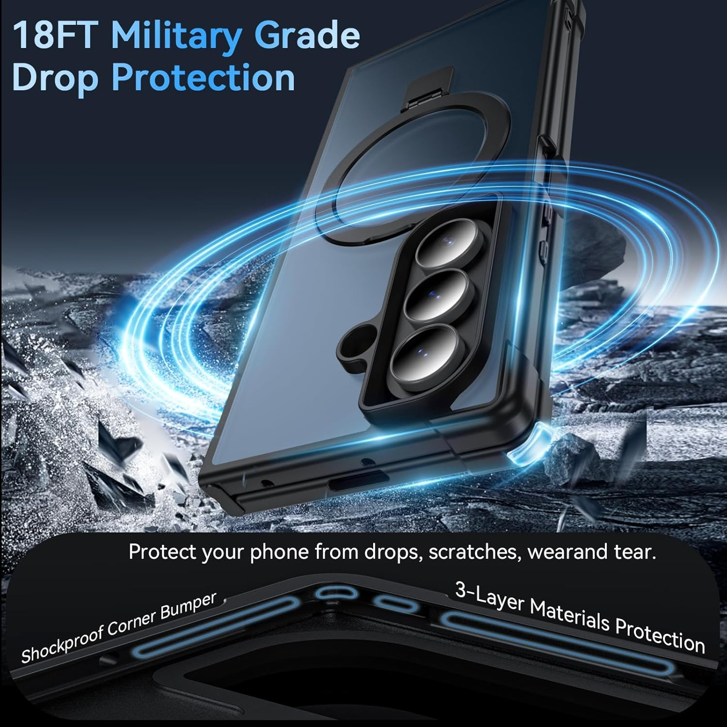 Ottpluscase Magnetic for Samsung Galaxy Z Fold 7 Case with Adjustable Stand, Compatible with Magsafe, Military Standard Protection, Translucent Matt Mobile Phone Case for Samsung Fold - Black image number 2