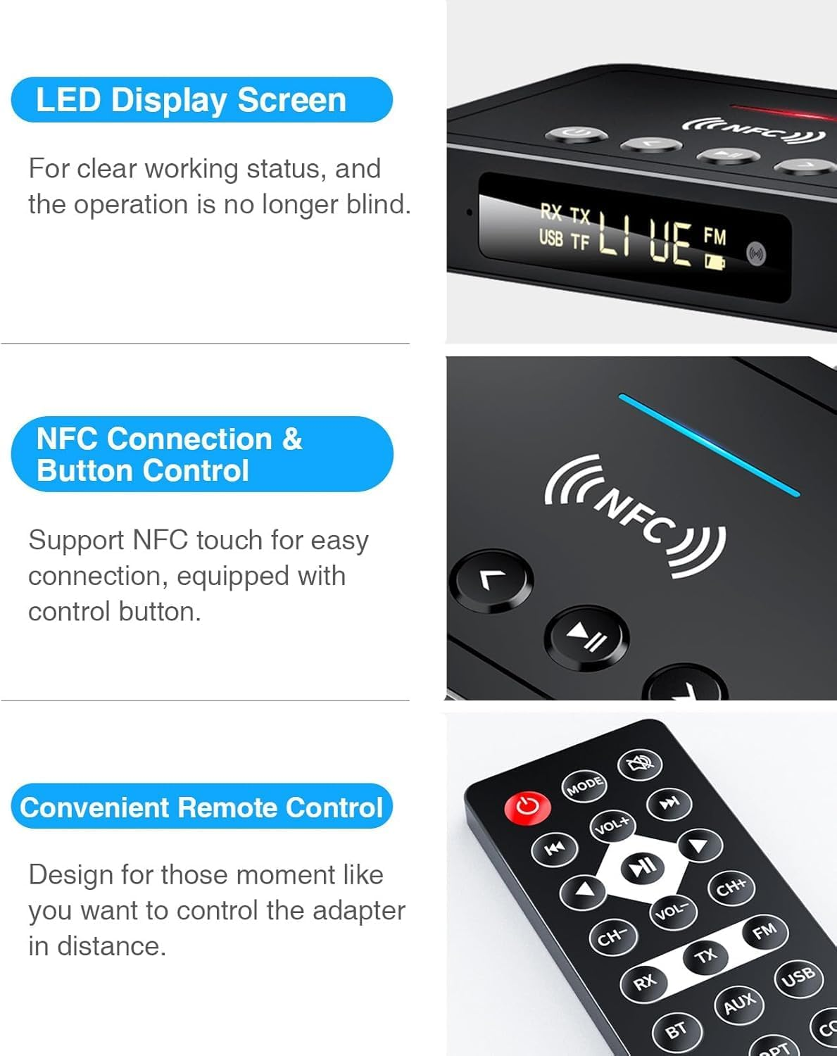 Bluetooth Transmitter, Beedove 3 in 1 Bluetooth 5.0 Transmitter Receiver Adapter, Wireless Audio Adapter with RCA/AUX Cable for Home Stereo/Speaker/Pc/Headphones image number 3