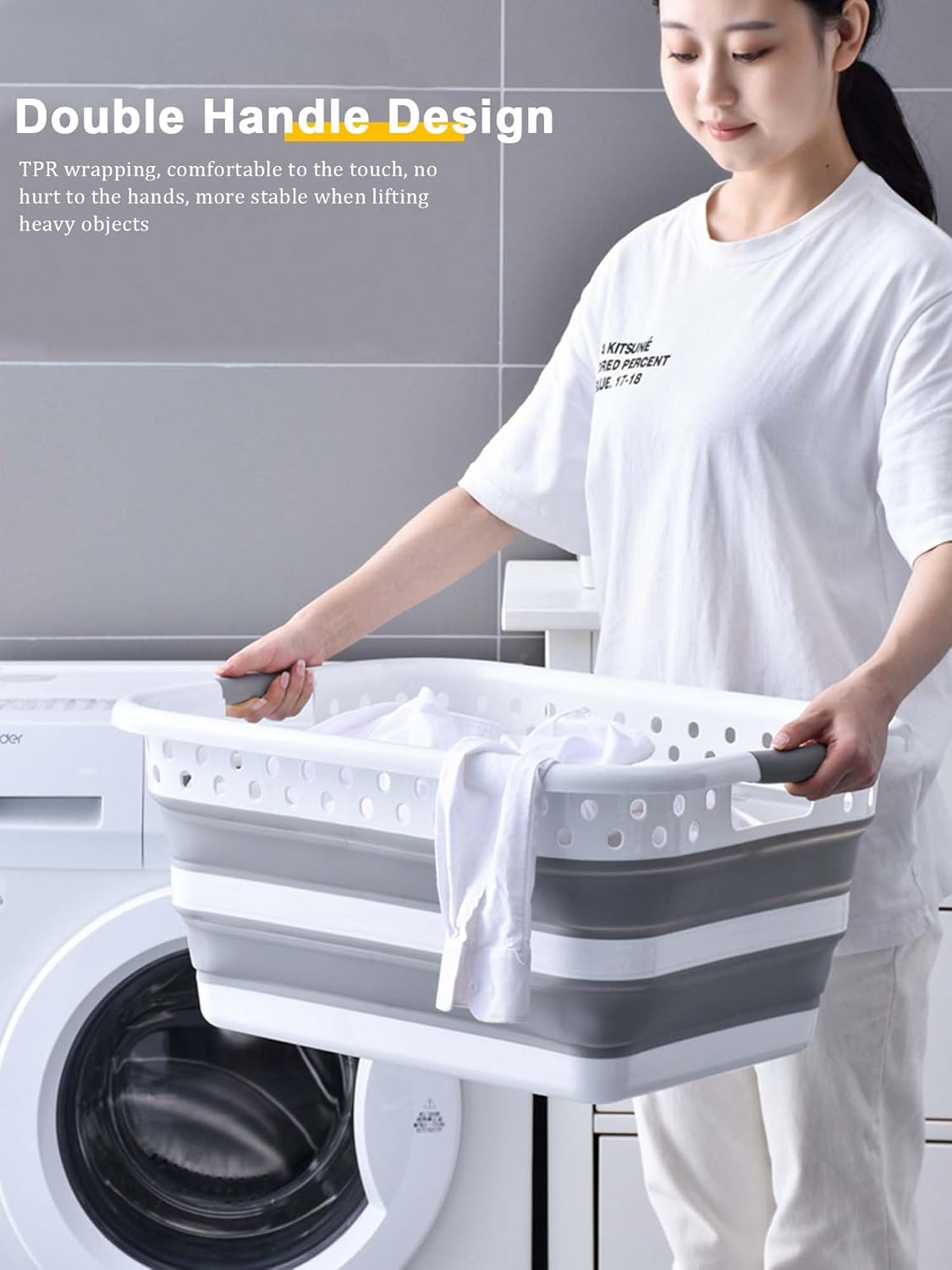 Laundry Basket 40L - White and Blue Space-Saving, Collapsible Storage Laundry Hamper - Foldable Pop up Laundry Basket for Home, Flats, and Apartment Use image number 1