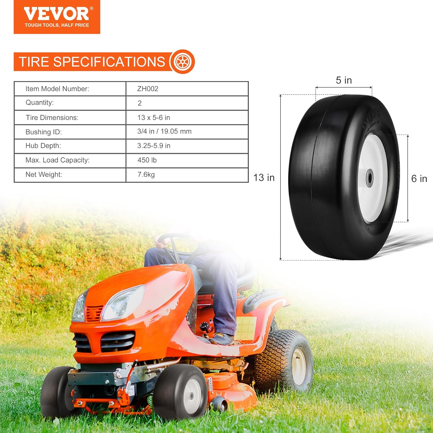 VEVOR Lawn Mower Tires with Rim, 13X5-6, 2-Pack, Flat-Free PU, 450 LBS Load Capacity, Compatible with Lawn Tractors image number 1