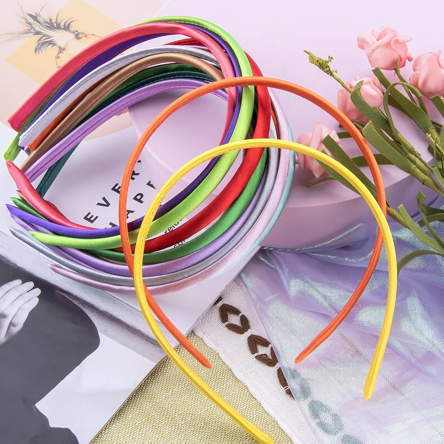 Duufin 60-Piece Satin Headbands for Girls: 30 Colors, 60 Pieces, DIY Headband, 1Cm Satin Covered Plain Headband