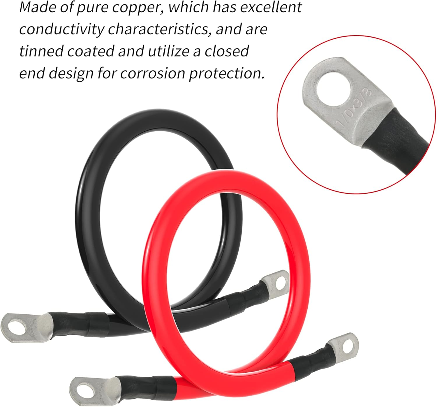 1/0 AWG Gauge Battery Cable Power Inverter Cables with 3/8 Inch Lugs for Solar Marine RV Car Truck Tractor Motorcycle 2Pcs (1FT) image number 3