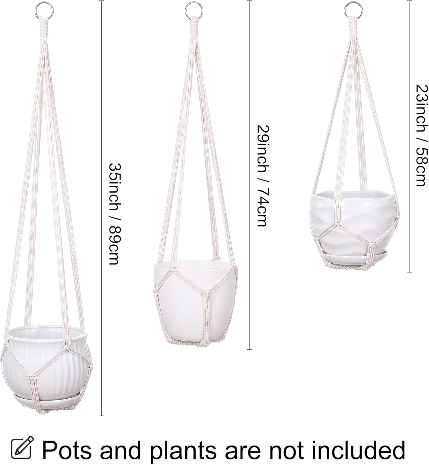 YIBOT 3 Pack Macrame Plant Hanger Indoor Hanging Planter Basket with 3 Hooks, 35"/29"/23" Crochet Plant Holder Stand No Tassels for Indoor Outdoor Boho Home Decor, Ivory (POTS NOT Included) - Black image number 4