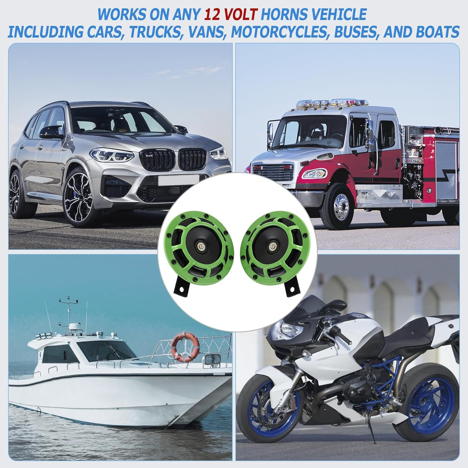 CARMOCAR Eletric Car Horn Kit 12V 135Db Super Loud High Tone and Low Tone Metal Twin Horn Kit with Bracket for Cars Trucks Suvs Rvs Vans Motorcycles off Road Boats (Green)