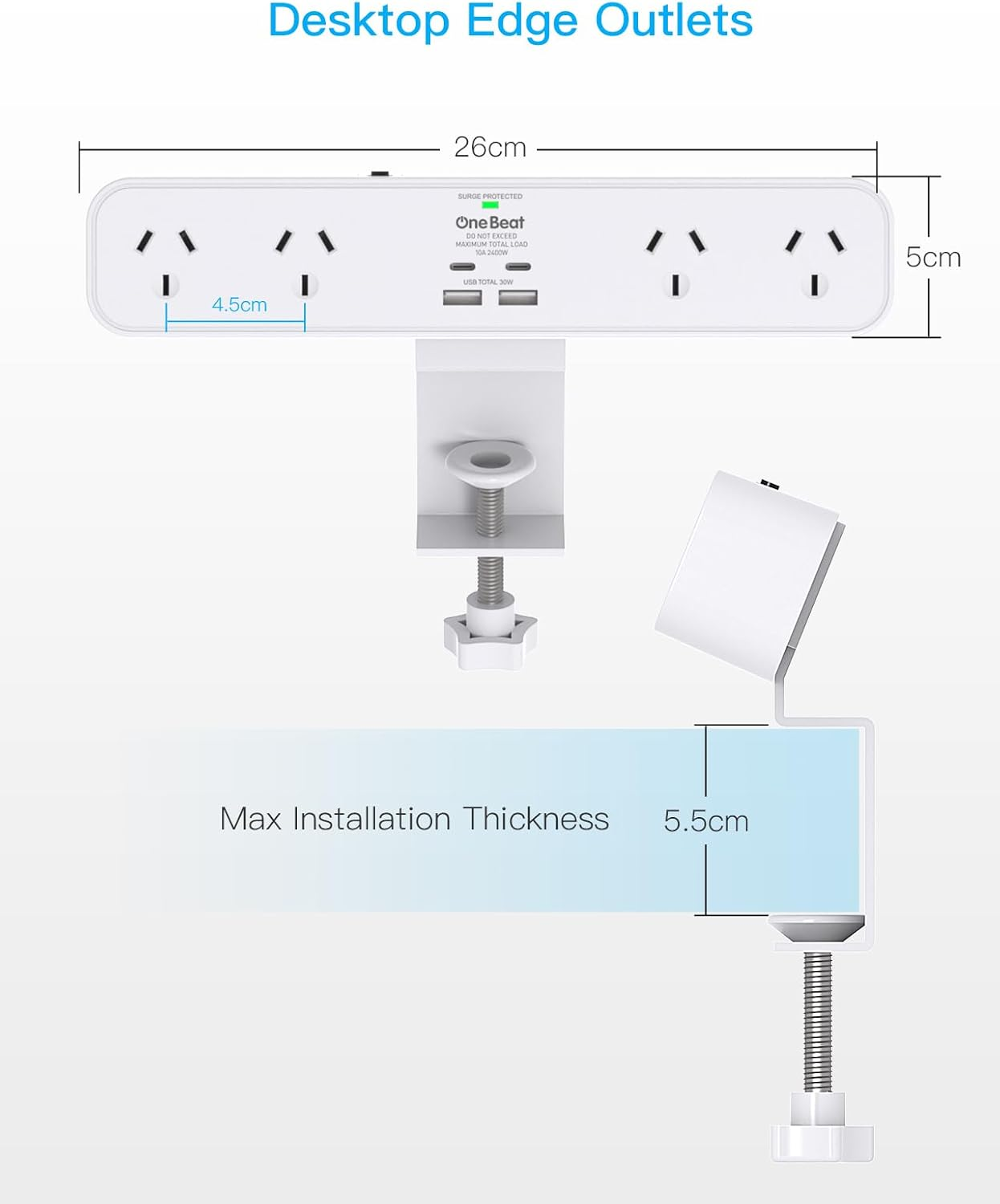 PD 30W Desk Clamp Power Board USB C,Fast Charging Station,4 Outlets with 4 USB Ports(2 USB C), Desktop Mounted Power Board Surge Protected, 1.5M Extension Cord for Desk Accessories Home Office image number 4