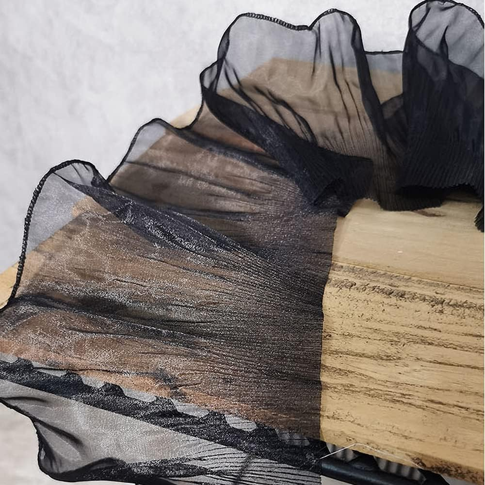 5 Yards Retro Ruffle Pleated Chiffon Trim Dress Bag Decoration Tulle Fabric Applique Trimming Craft Sewing (Black Ruffle) image number 2