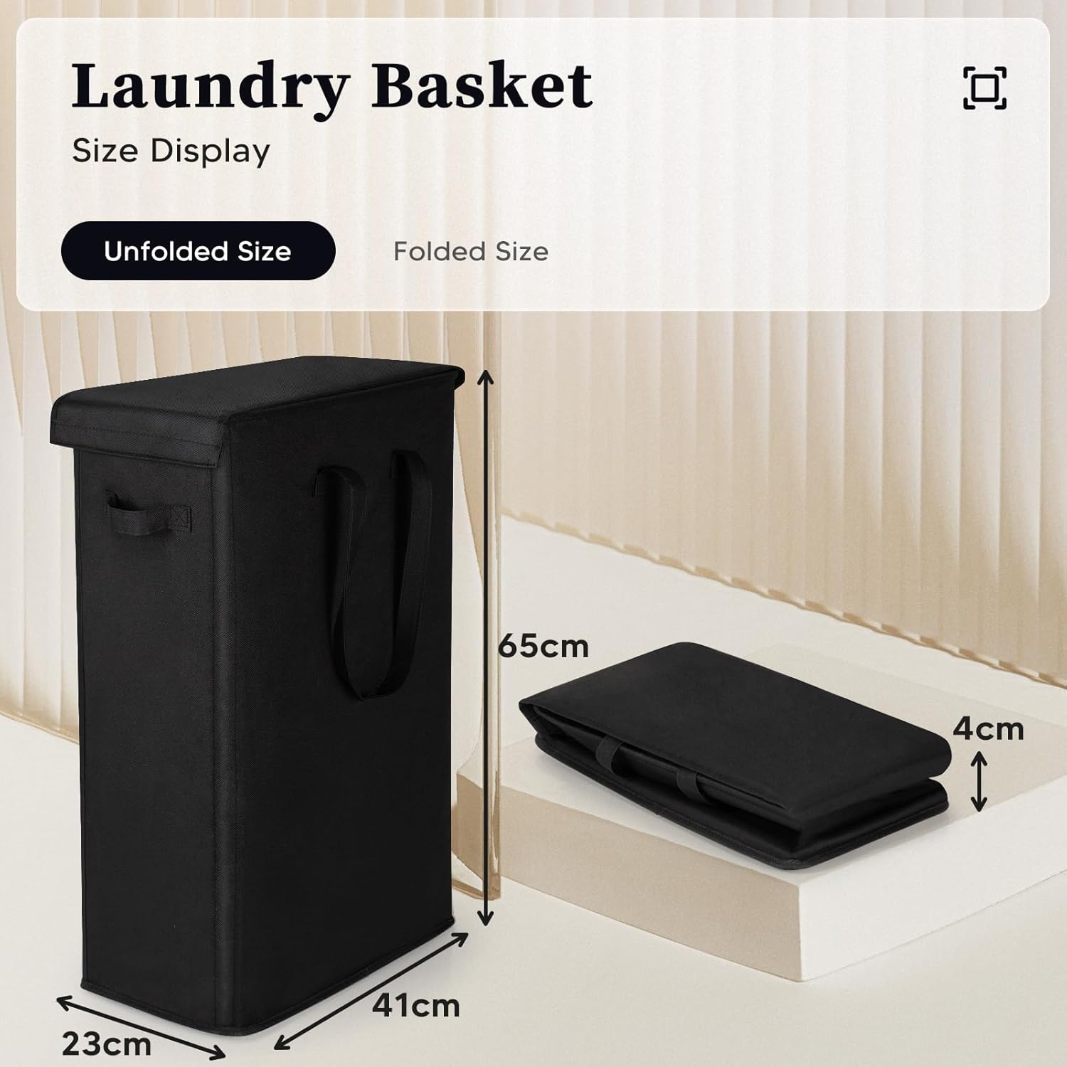 Slim Laundry Hamper with Lid 55L Thin Dirty Clothes Basket with Long Handle, Narrow Laundry Bag, Foldable Dirty Hamper, Narrow Dirty Clothes Hamper for Closet and Bathroom, Black image number 2