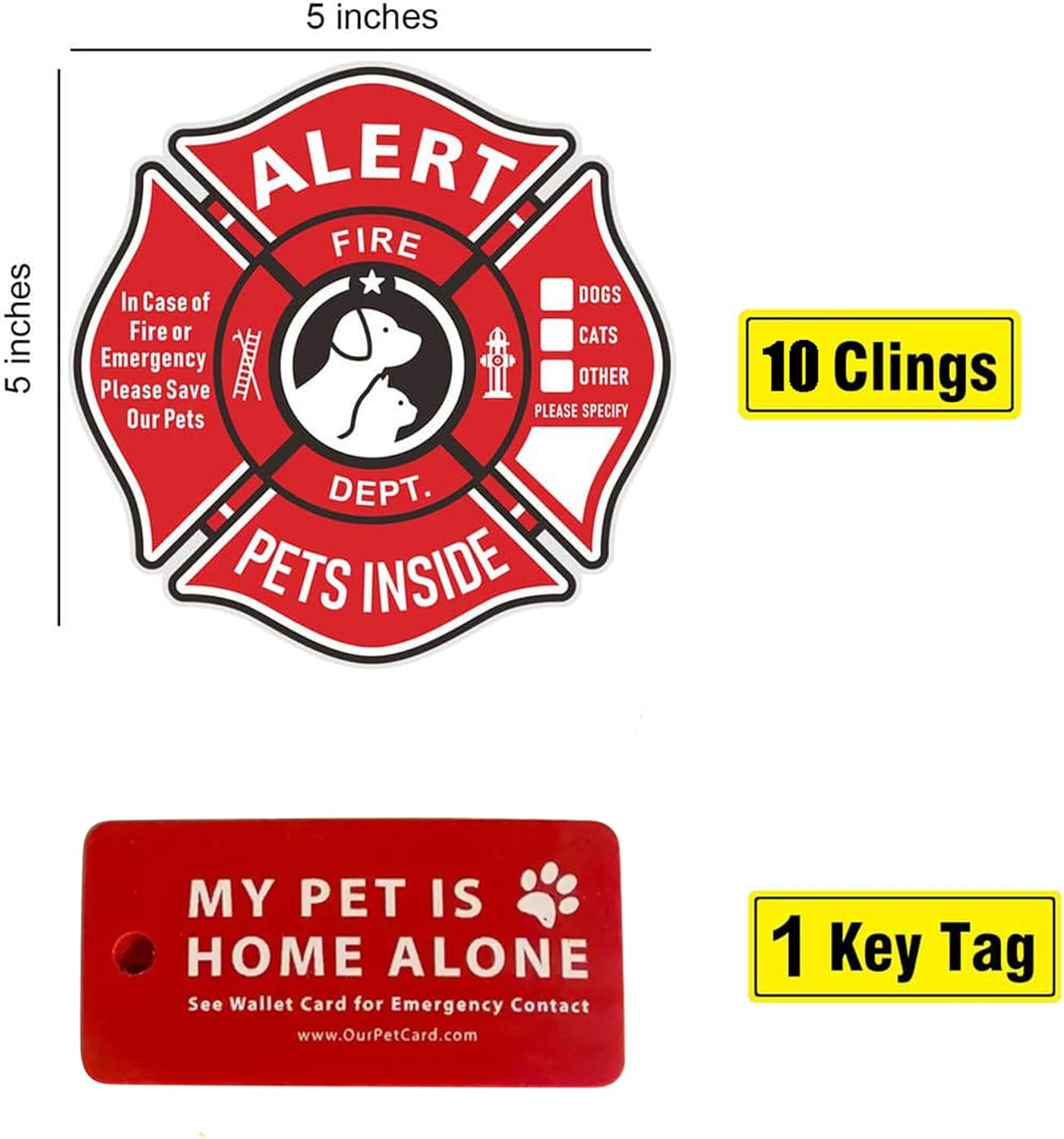 Pet Alert Stickers Static Cling Window Decals Emergency Pets Rescue Sign (10 Pack) with Bonus: Pet Home Alone Wallet Key Tag image number 2