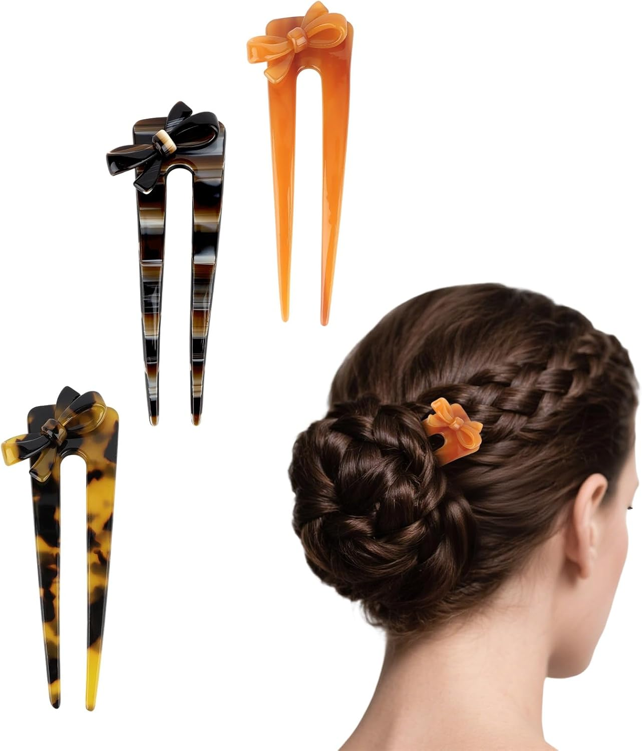 Srotmirw Bow Hair Pins, Pack of 3 U-Shaped French Pin in Hair Accessories for Women and Girls in Daily Clothing image number 3