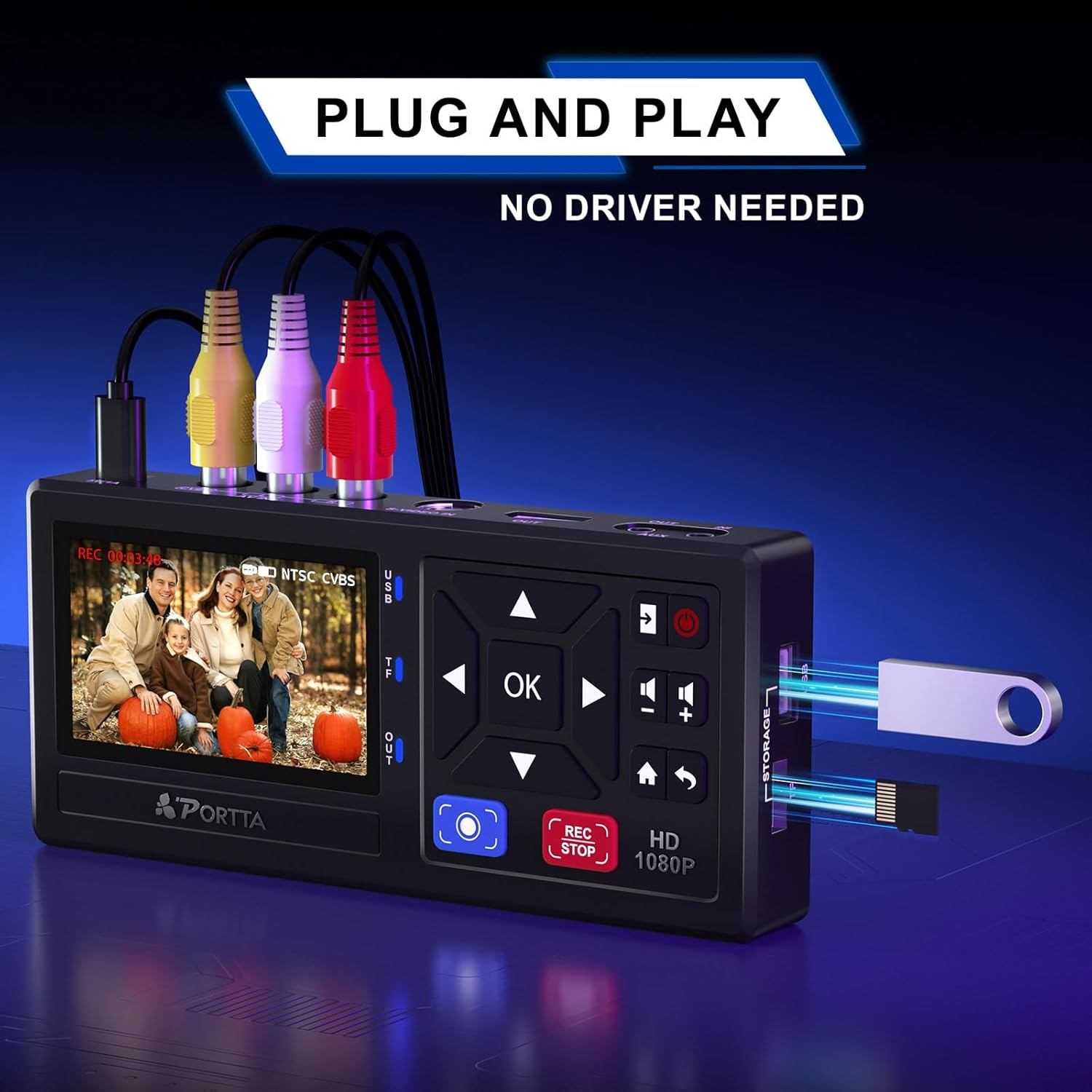 PORTTA VHS to Digital Converter, Video to Digital Recorder with Remote, RCA to HDMI Converter Compatible with VHS, VCR, DVR, DVD, Hi8, Mini DV, Camcorder, Cassette Tape, Gaming Consoles