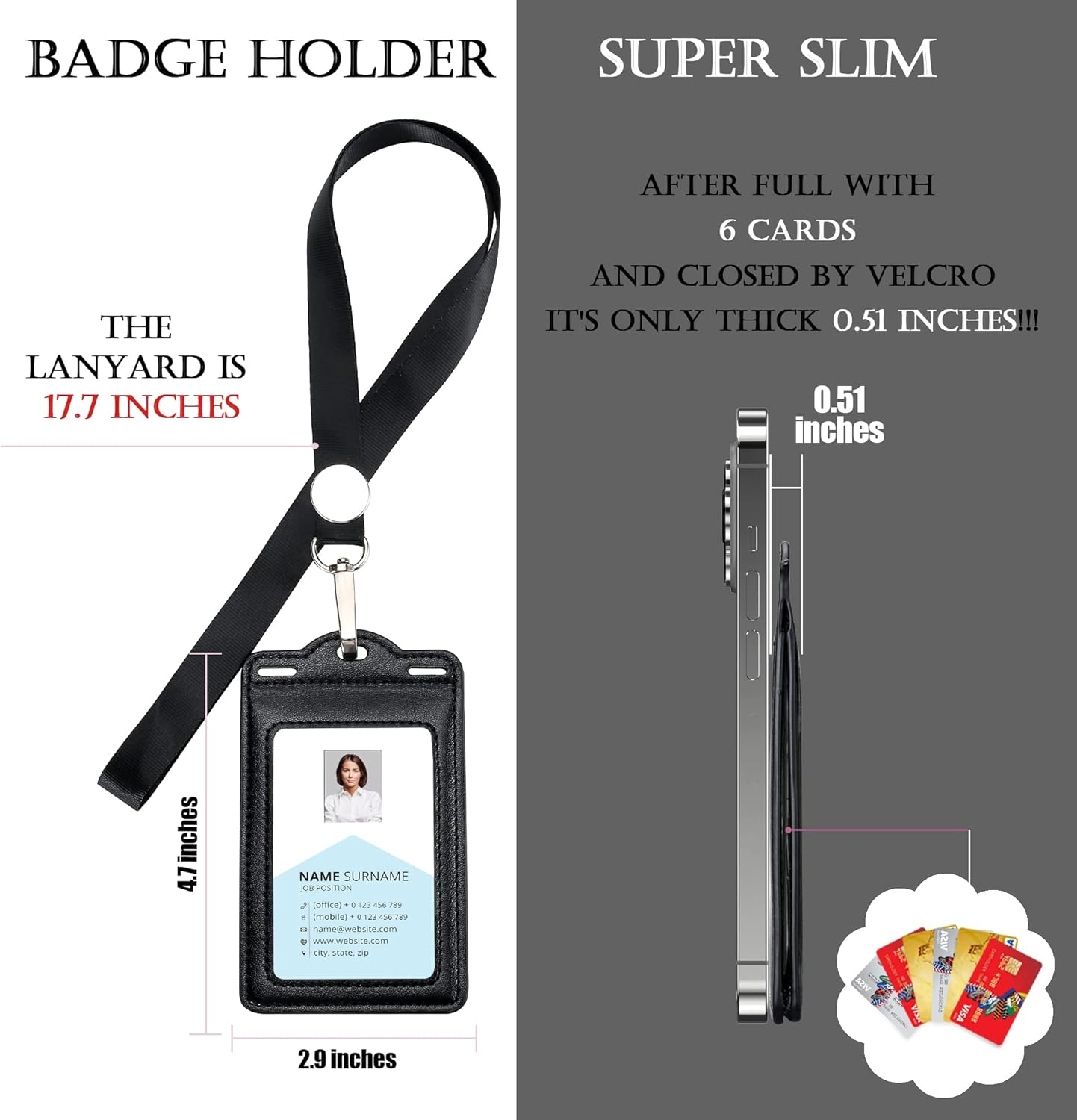 Badge Holder with 2 Lanyard Leather Easily Holds 1 to 6 Cards, Trifold Heavy Duty ID Card Holder, for Nurse Teacher School Medical Law Enforcement