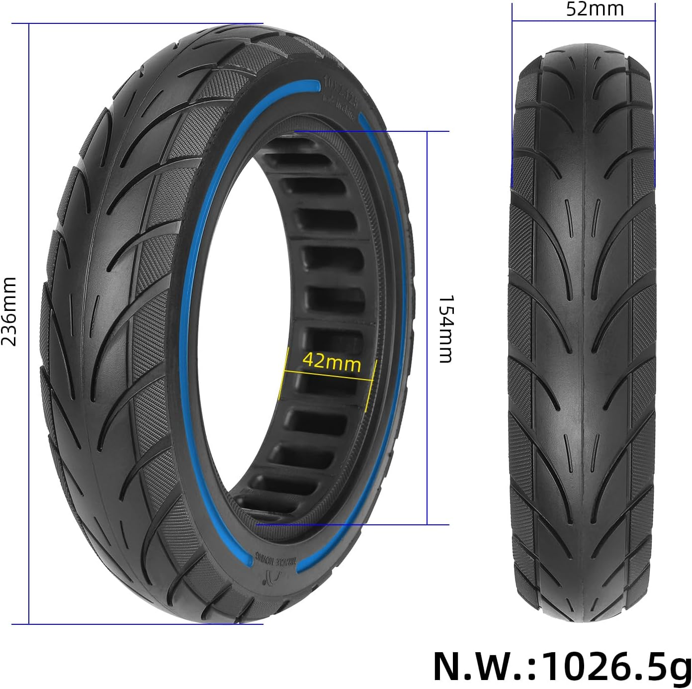 VOLOHAS 10 X 2.125 Solid Tyres 250 X 54 Solid Tyres for Xiaomi 4Pro/4Lite/Ninebot Uifi/F20D/F30D/F40D/F40E Electric Scooter, 10 Inch Solid Rubber Tyres, Highly Elastic Replacement Tyre (Blue, 1 Piece) - Blue 1 Piece image number 3