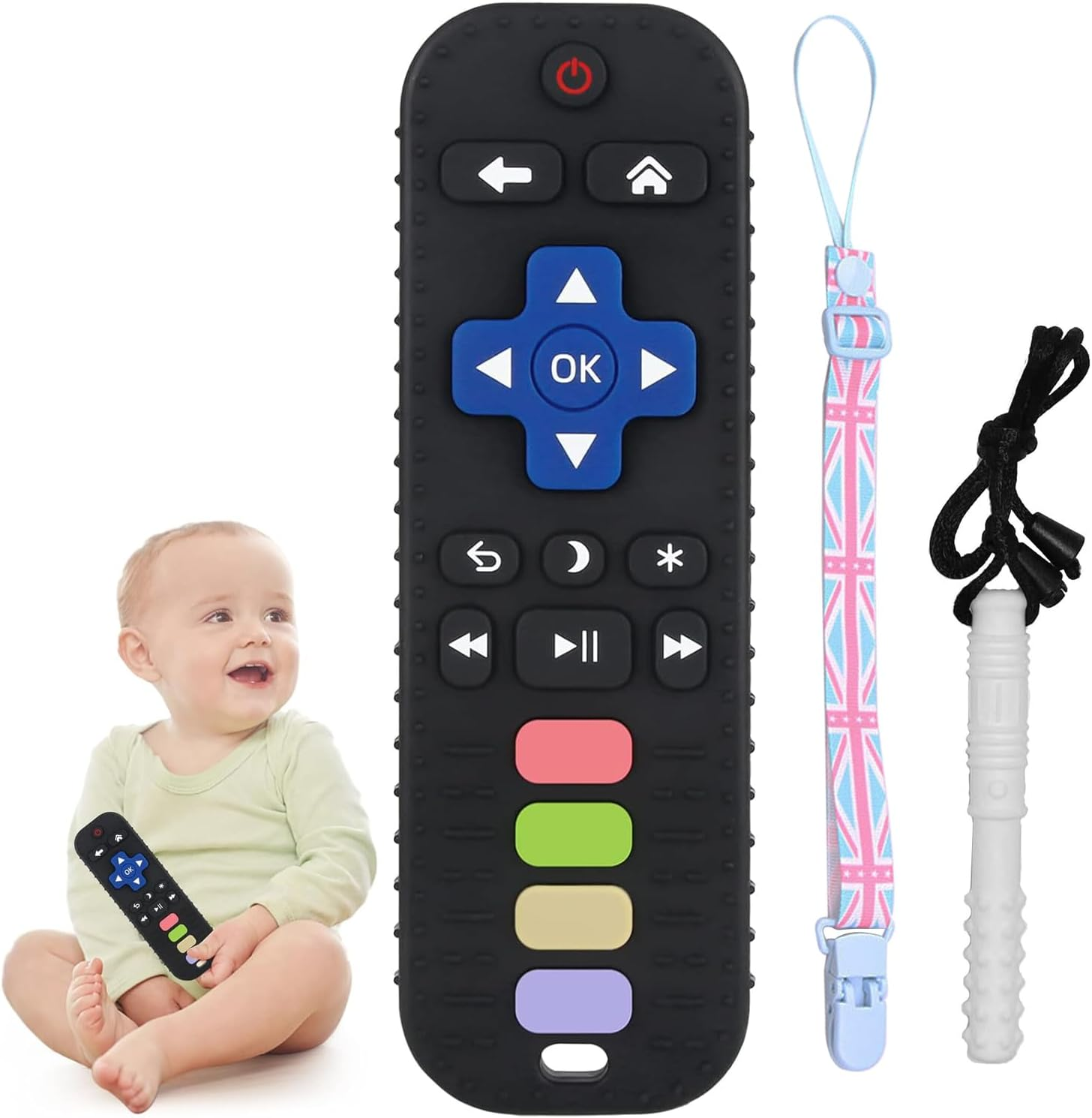 Baby Teething Toys, Food Grade Silicone Teether for Babies 0 3 6 9 12 18 Months, TV Remote Control Shape Toddlers Chew Toys, Teething Relief Baby Toys for Boys and Girls, Infants Essentials (Black)