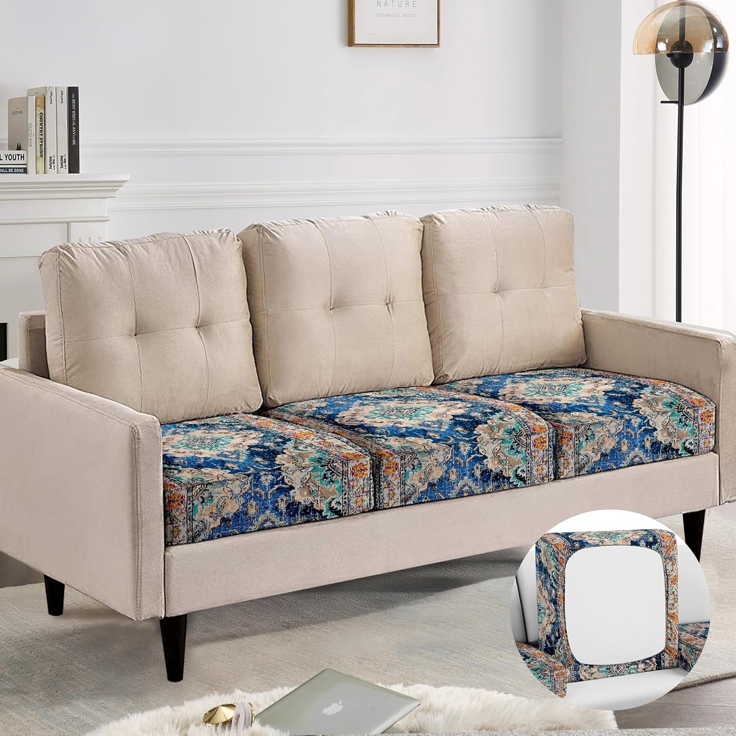 SZXYCZL 3PCS Boho Printed Sofa Cushion Covers, Cute Carpet Pattern Printed Washable Elastic Couch Cover, Indoor and Outdoor Sofa Cover-Dark Blue image number 3