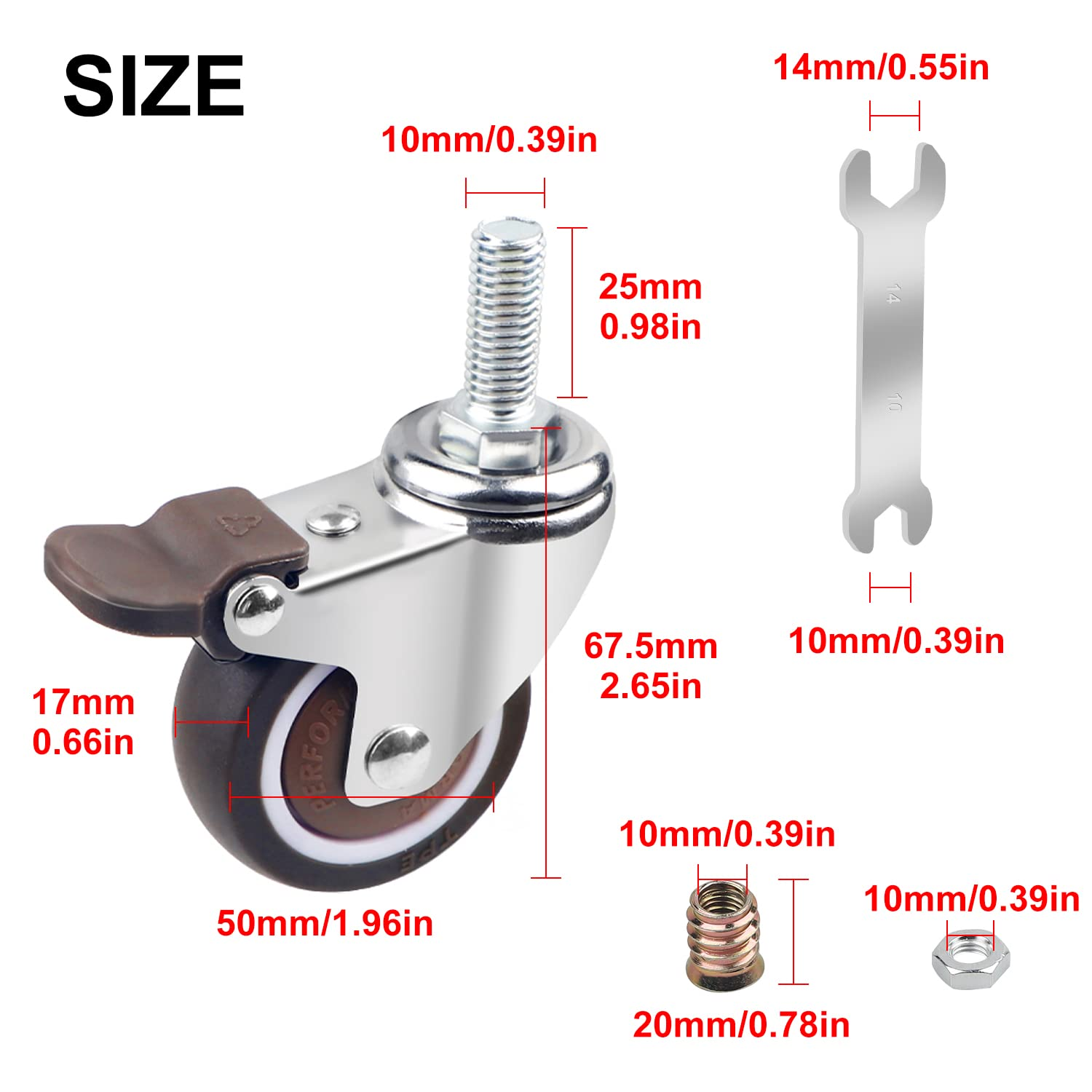 DBREAKS 4 X Transport Castors 50 Mm, Swivel Castors with Brakes Made of TPE M10 X 25 Mm with Thread, Swivel Castor with Threaded Pins, Furniture Castor, Brake Roller, Capacity 108 Kg Total, Rubber image number 1