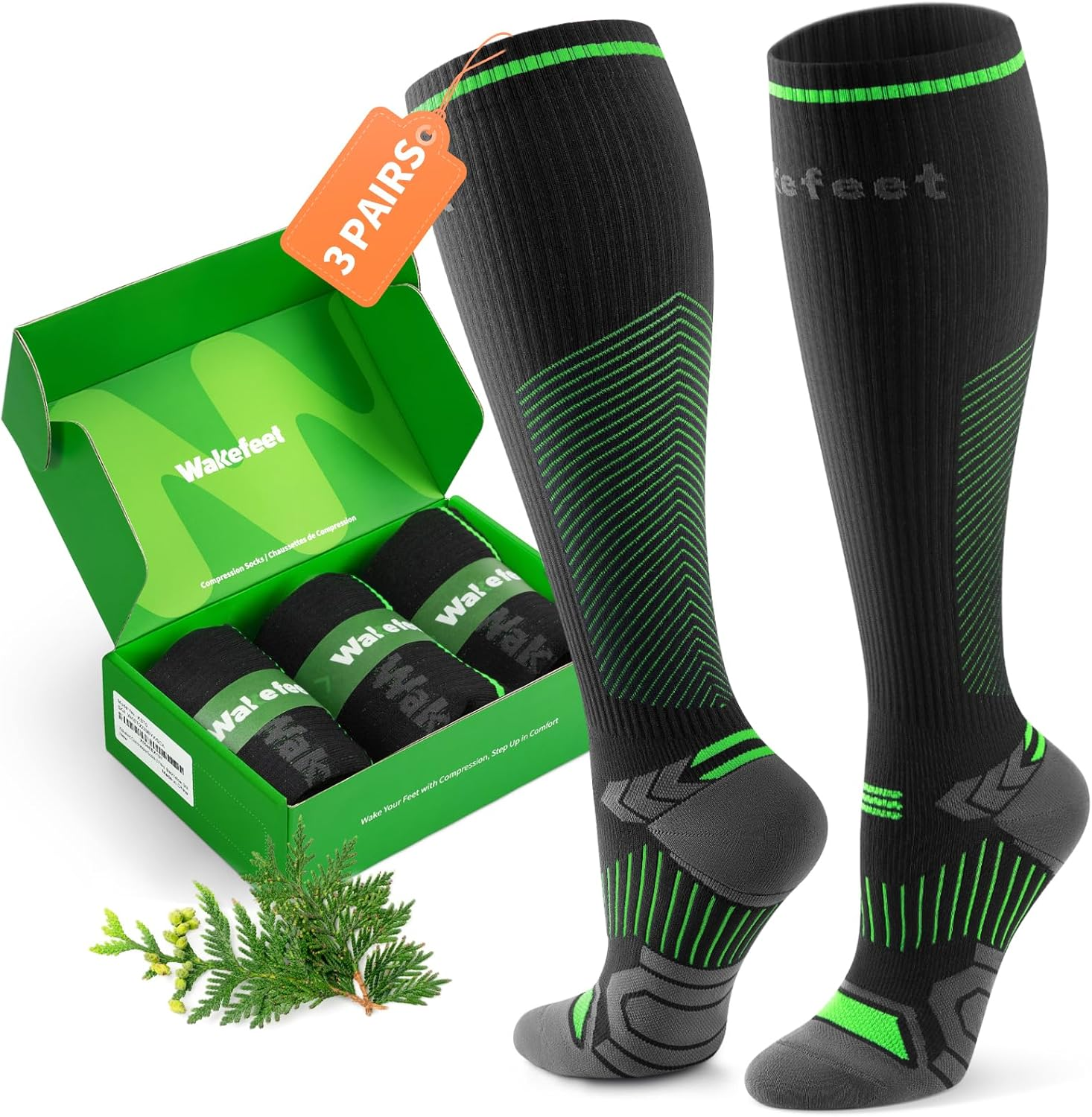 WAKEFEET Compression Socks Men Women 3 Pairs, Compression Socks 20-30 Mmhg for Sports, Running, Fitness Flight