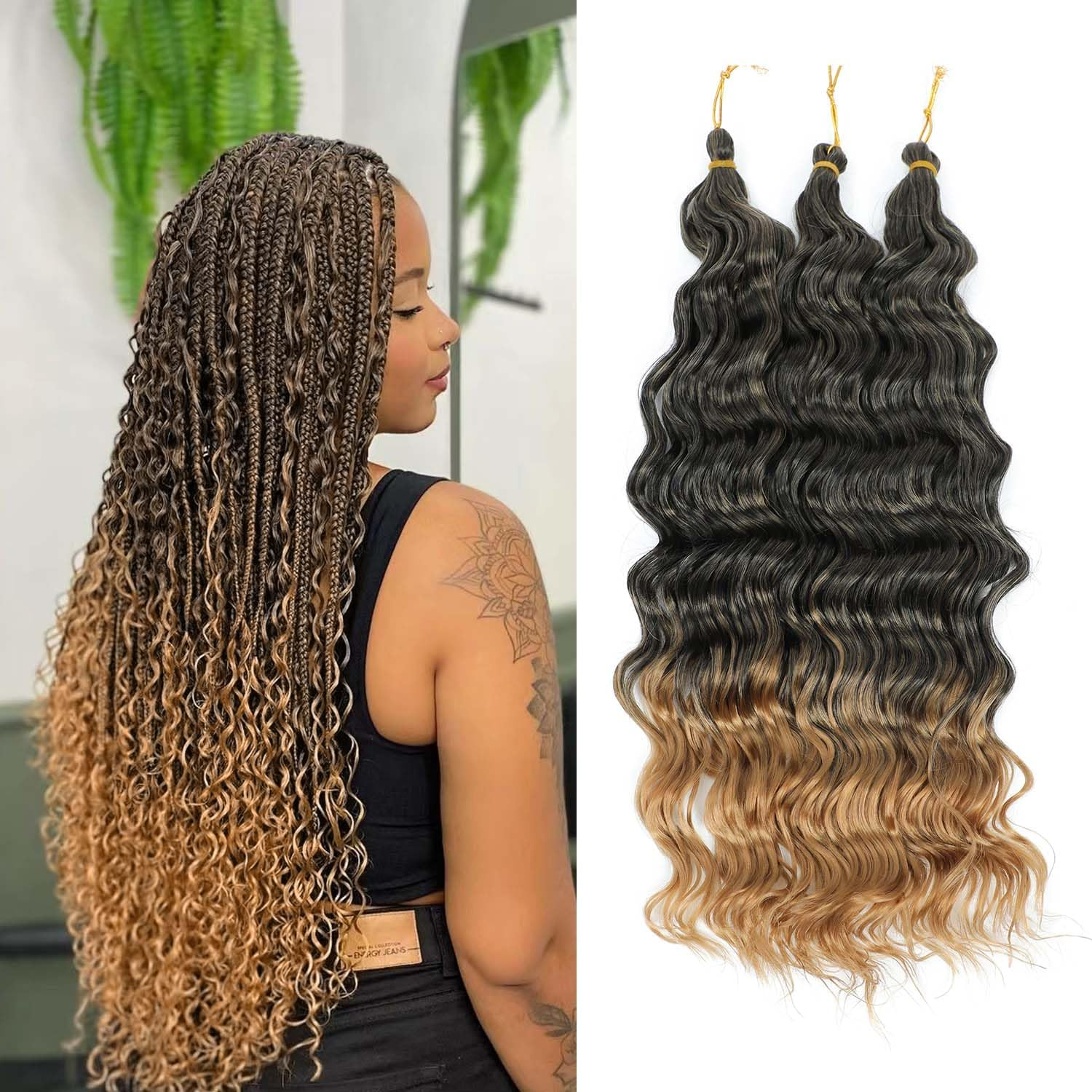 Ocean Wave Crochet Hair 18 Inch 3 Packs Deep Wave Braiding Hair Curl Crochet Synthetic Braids Hair Extension for Women (Green #, 18 Inch 3 Packs)