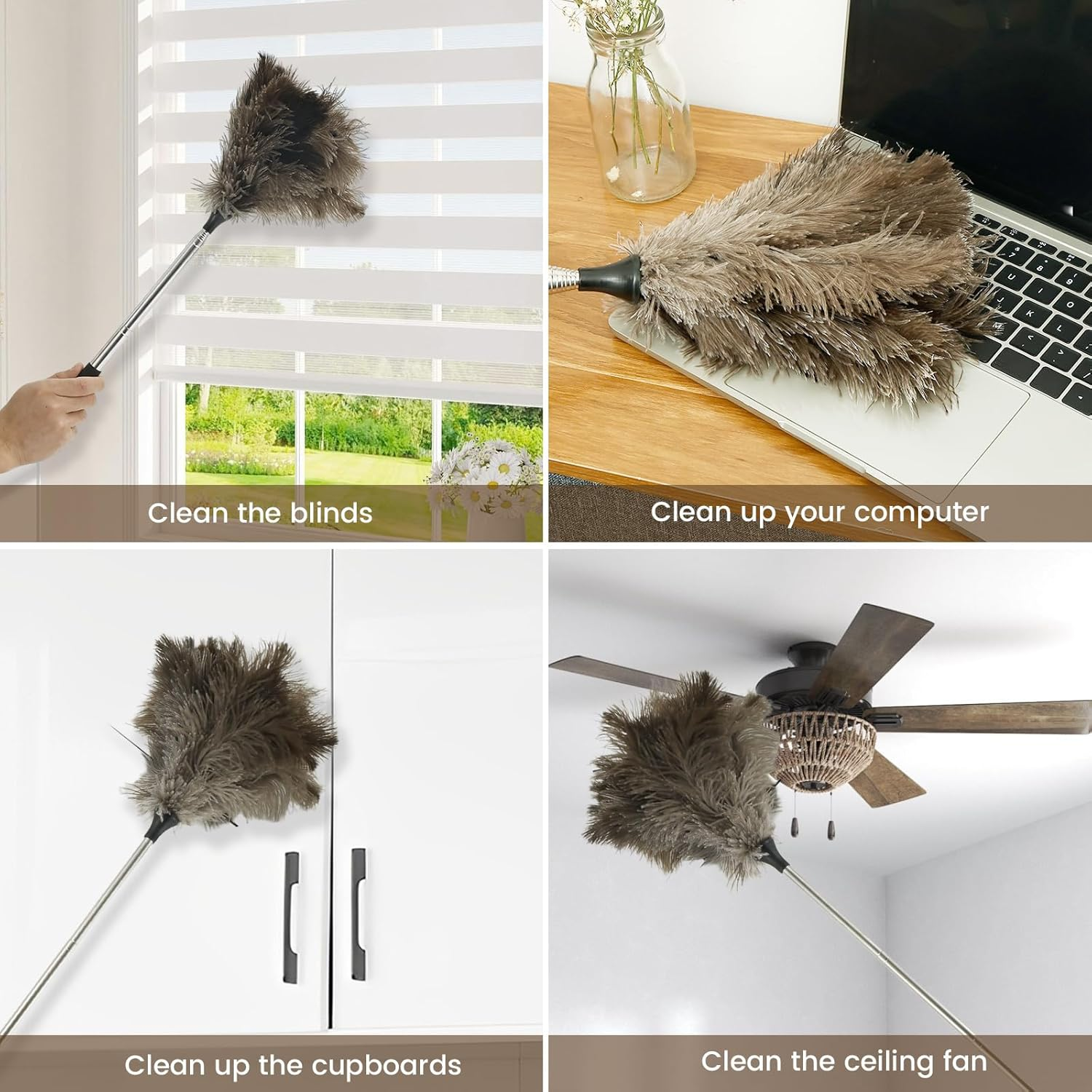 Fizocosisto Extendable Ostrich Feather Duster with Nonslip Handle, 15" - 45" Retractable Feather Duster for Cleaning Ceiling Fan Pendant Lamp High Ceiling Blinds Furniture